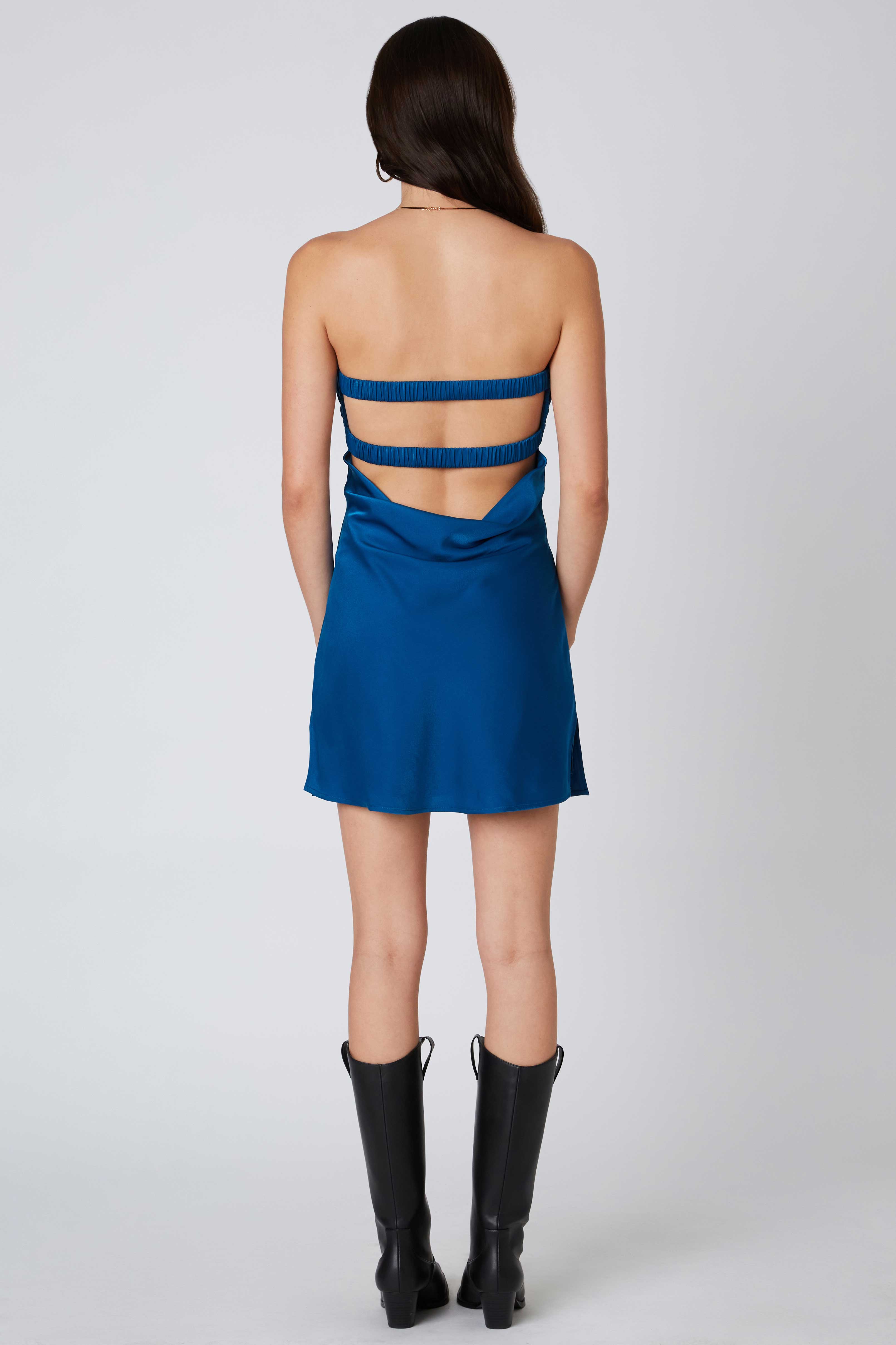 Strapless Satin Mini Dress in Teal Blue Back View