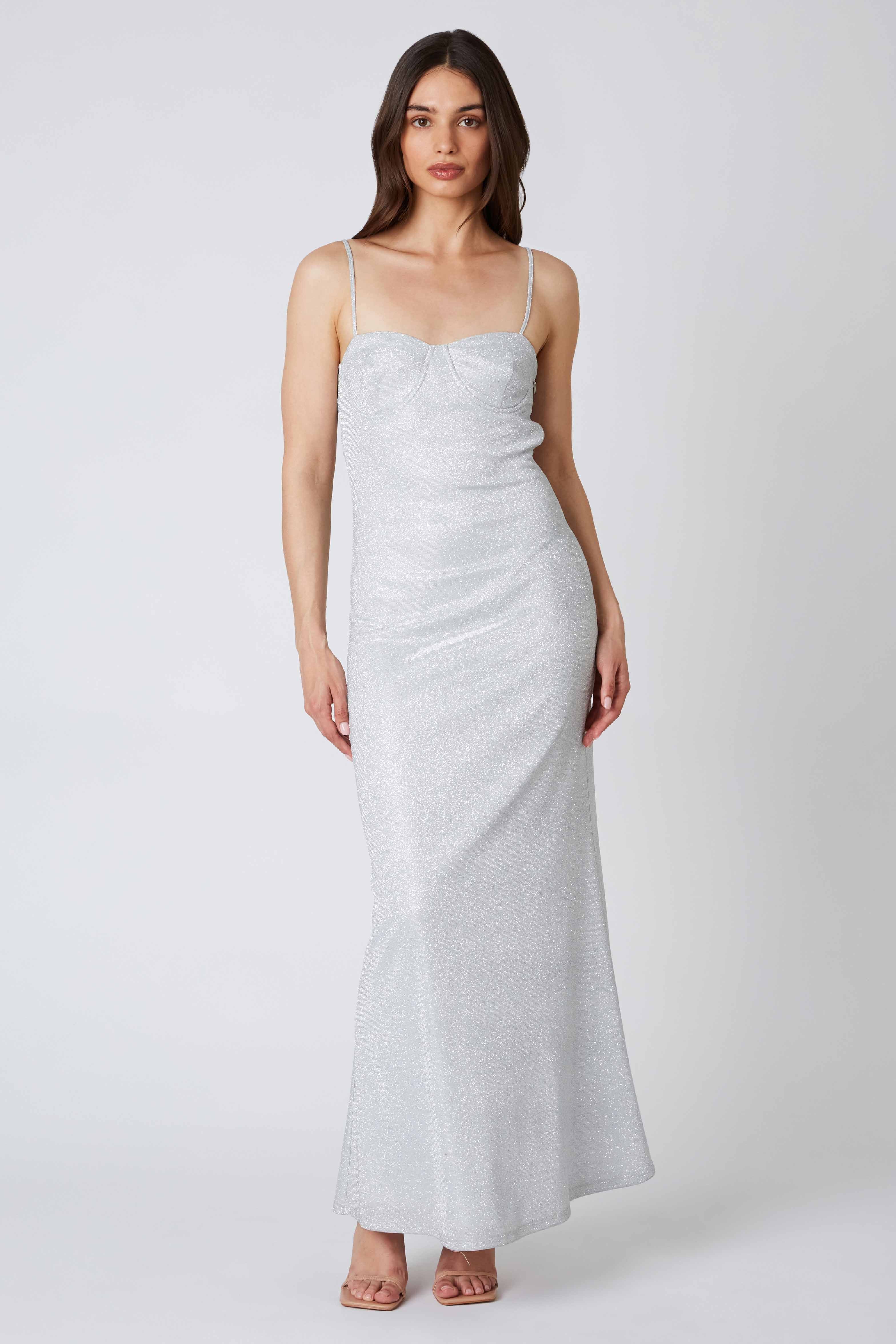 Glittery Corset Maxi Dress in Silver Front View