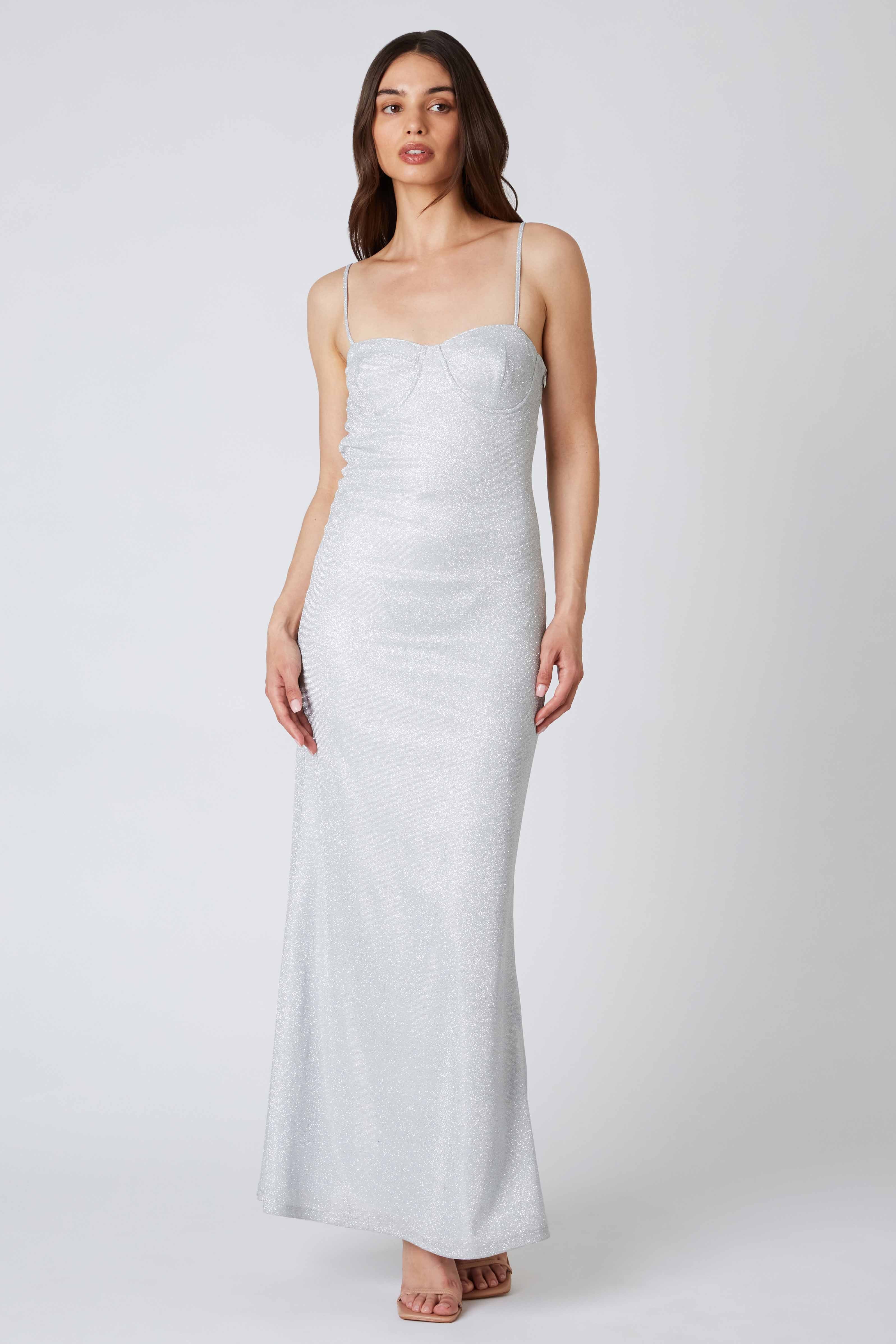 Glittery Corset Maxi Dress in Silver Front View
