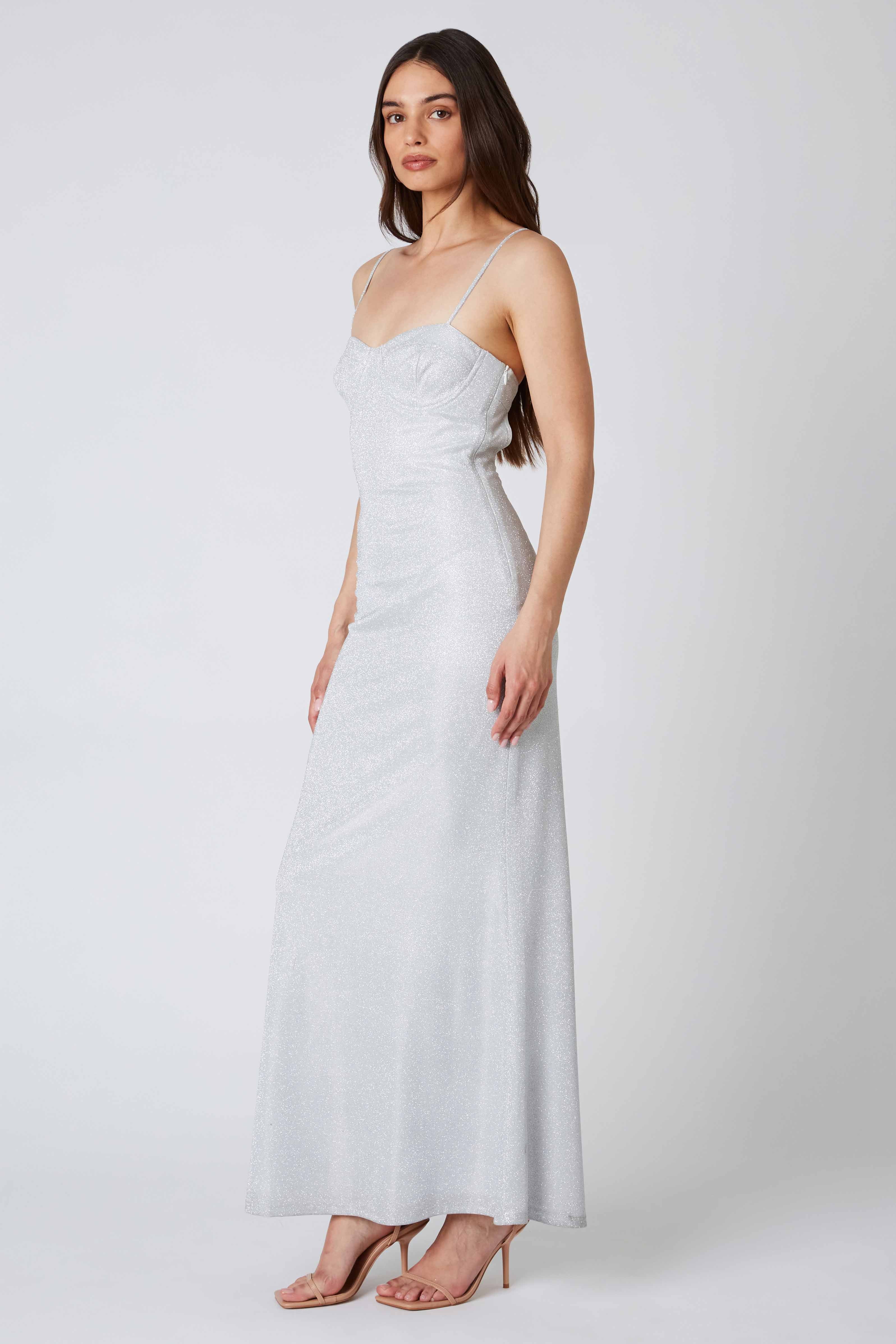 Glittery Corset Maxi Dress in Silver Side View