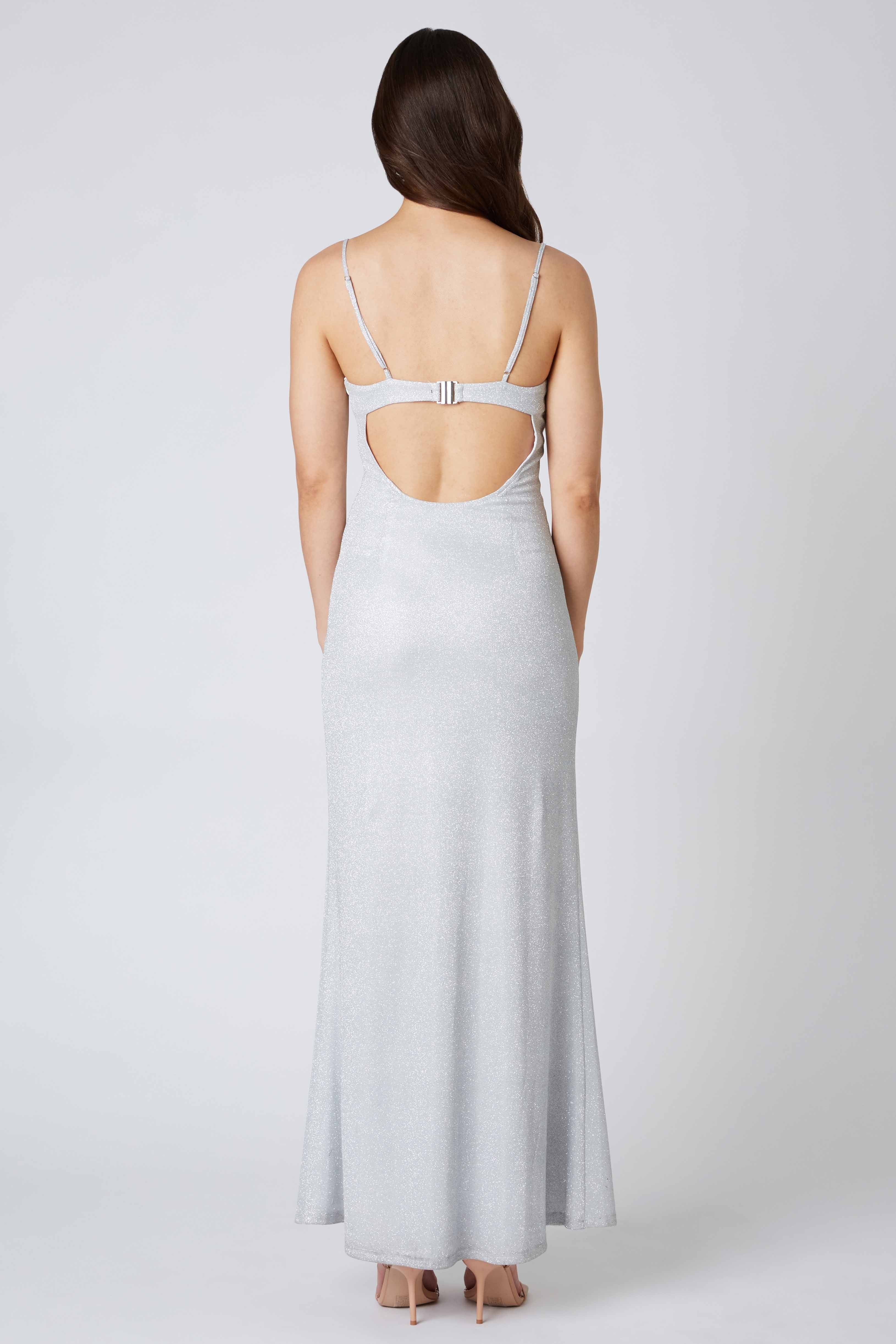 Glittery Corset Maxi Dress in Silver Back View