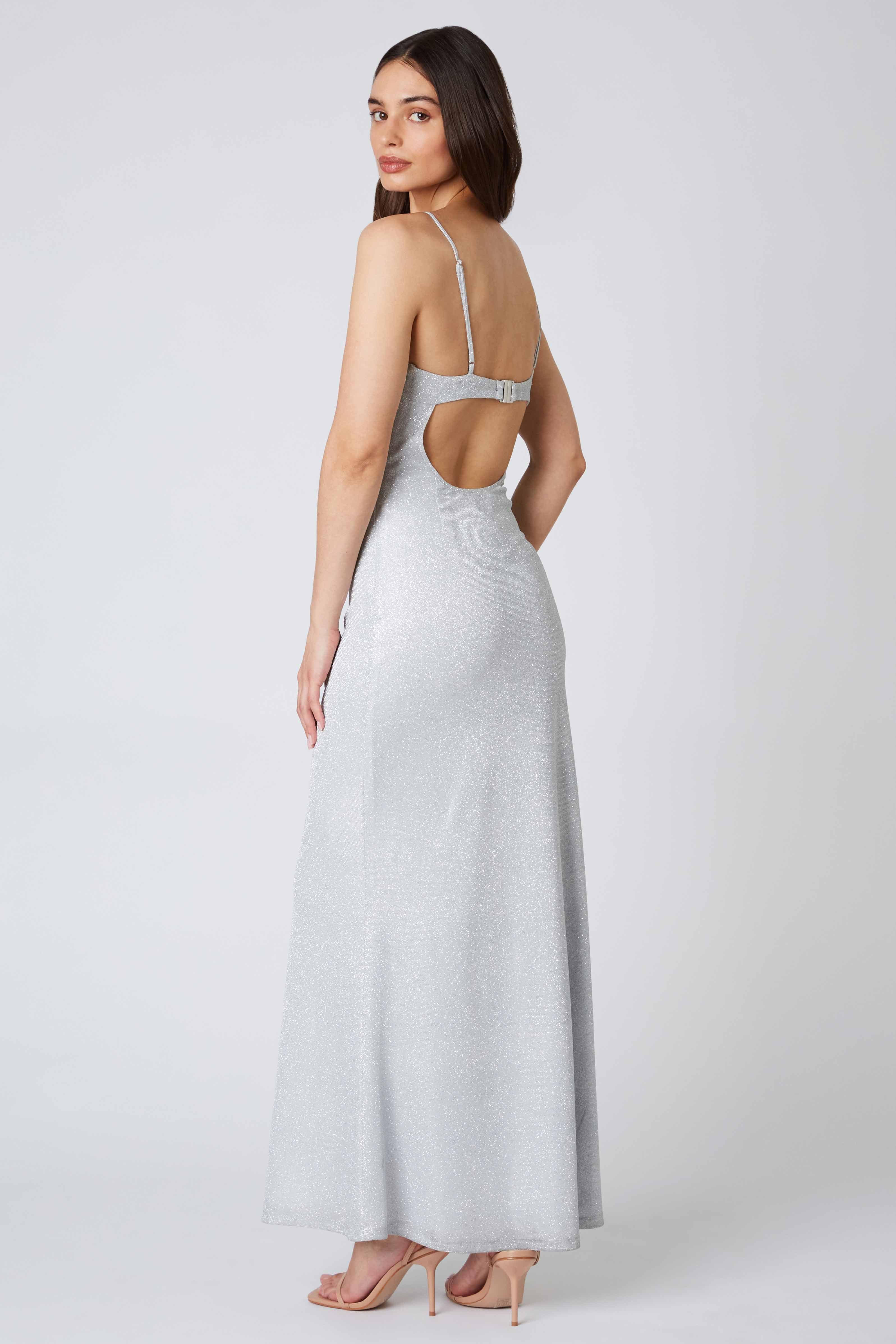 Glittery Corset Maxi Dress in Silver Back View