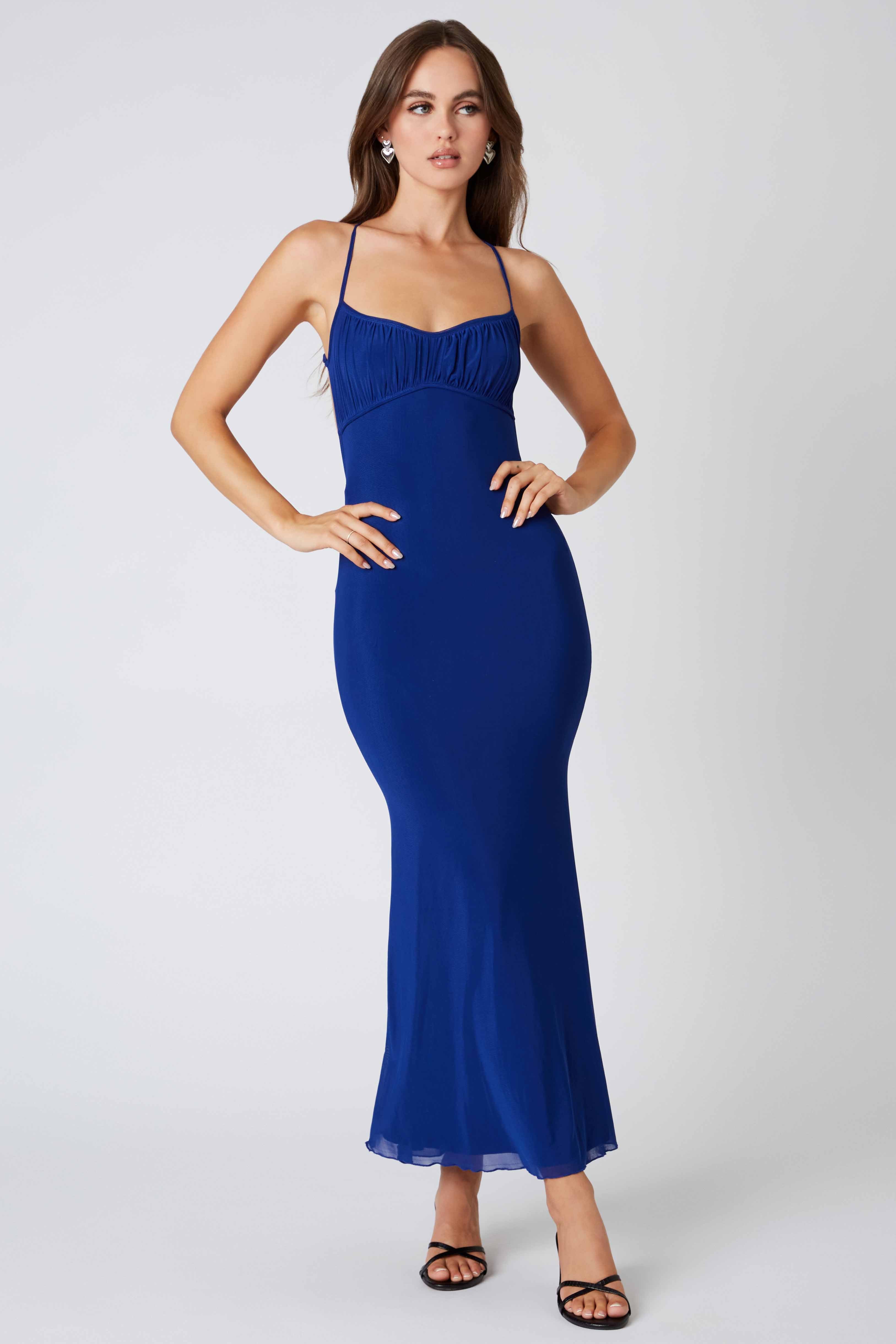 Mesh Cross Back Bodycon Maxi Dress in Cobalt Blue Front View