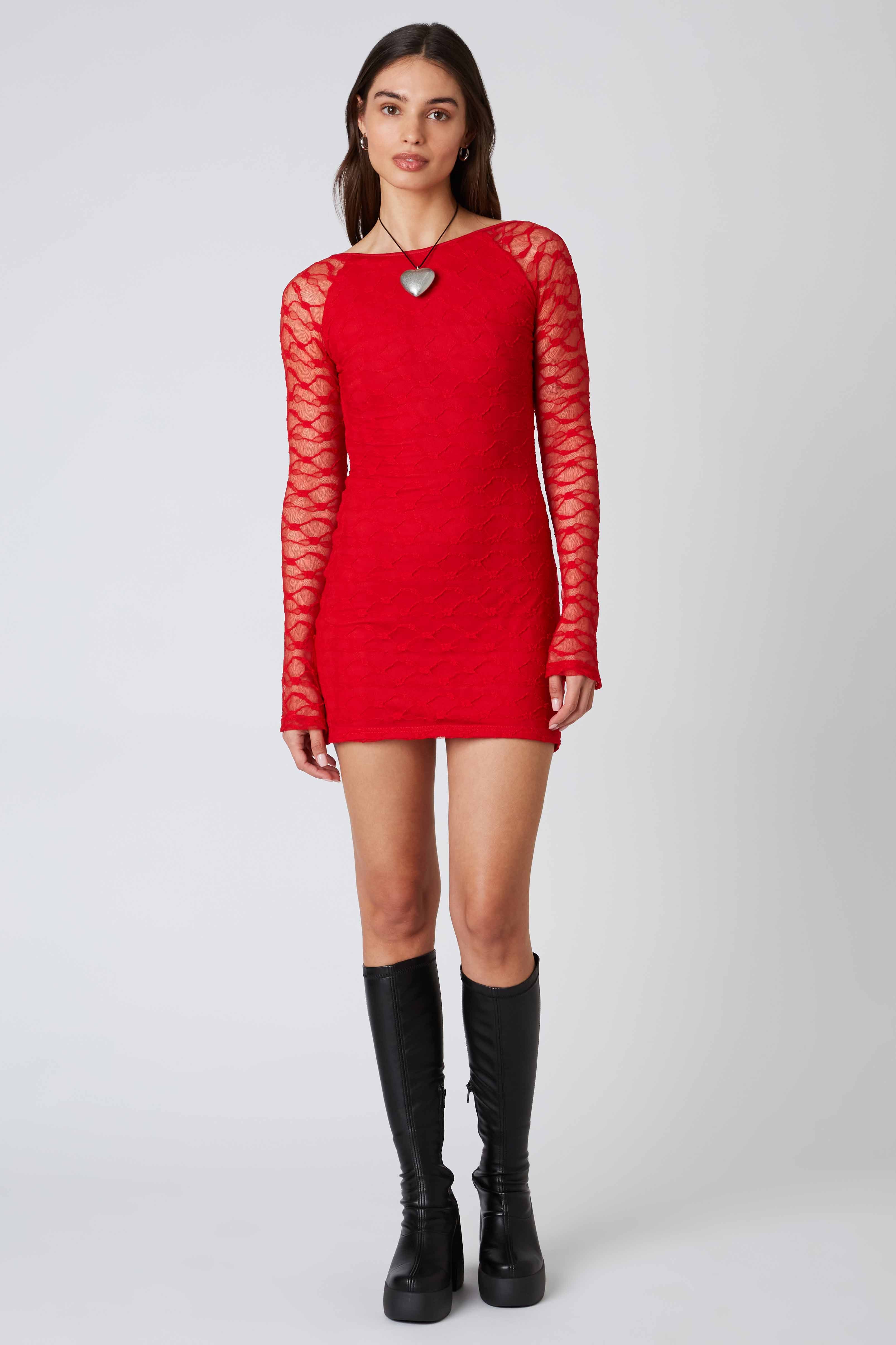Lace Long Sleeve Mini Dress in Red Front View