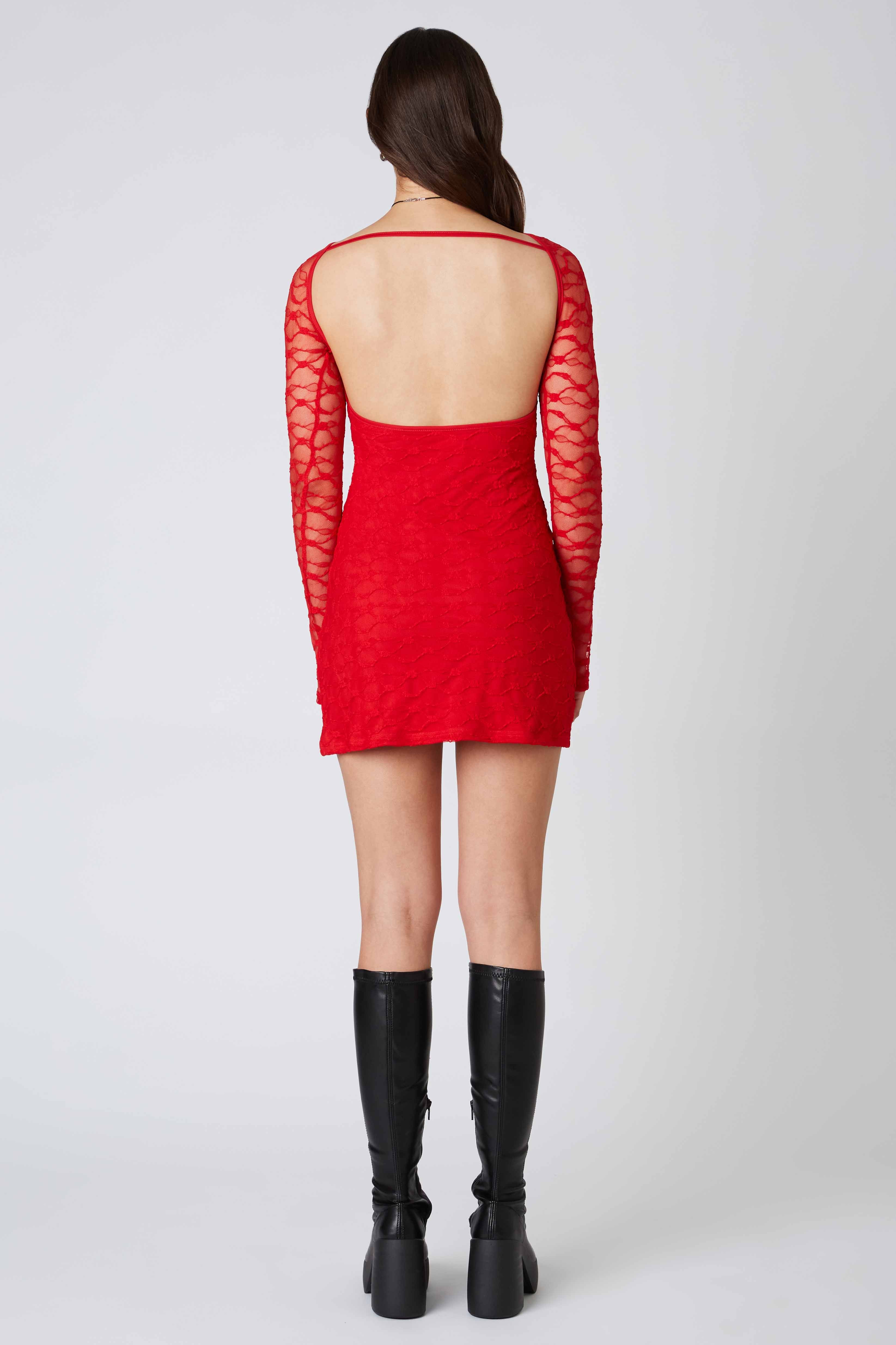 Lace Long Sleeve Mini Dress in Red Back View