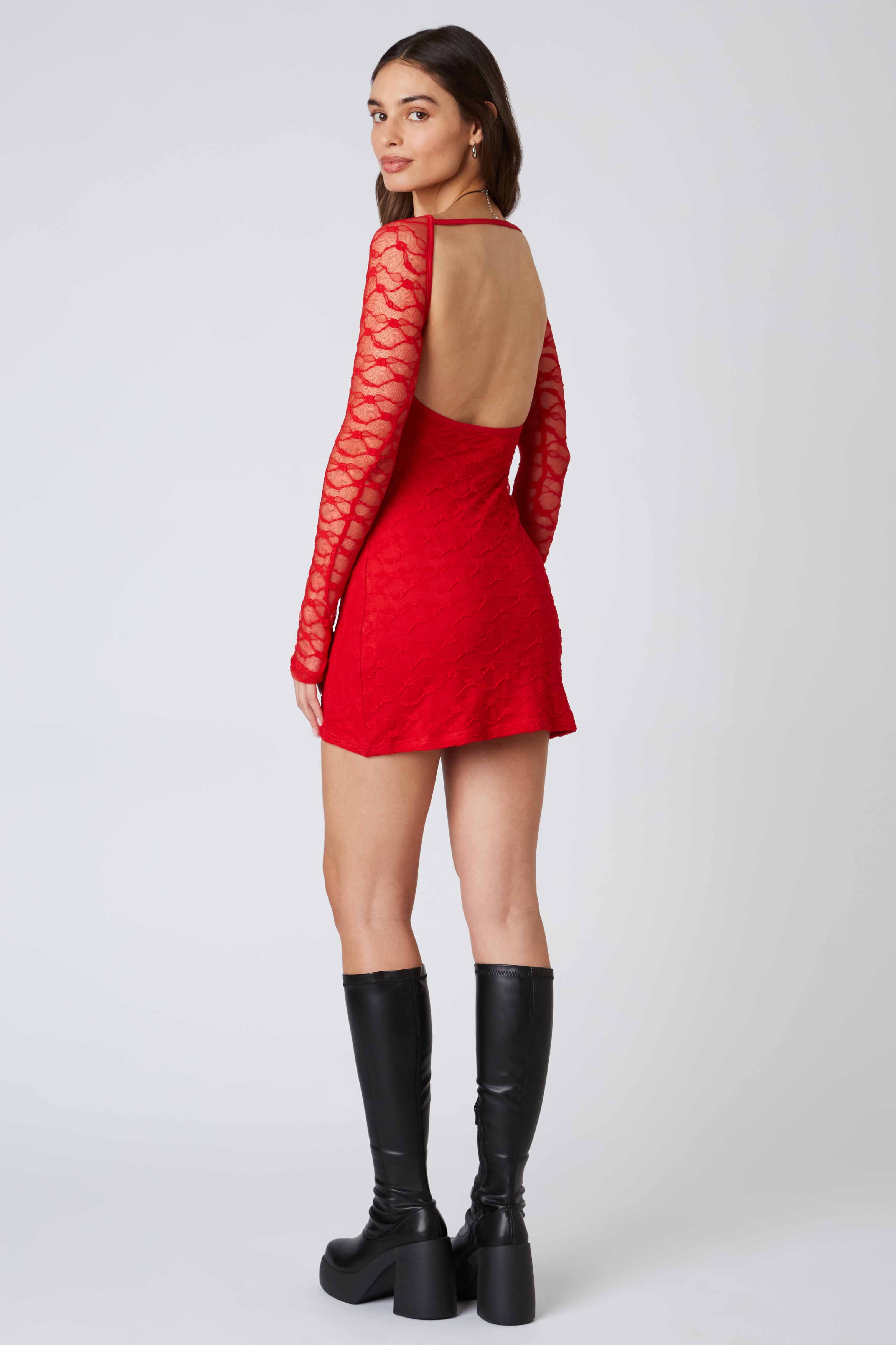 Lace Long Sleeve Mini Dress in Red Back View