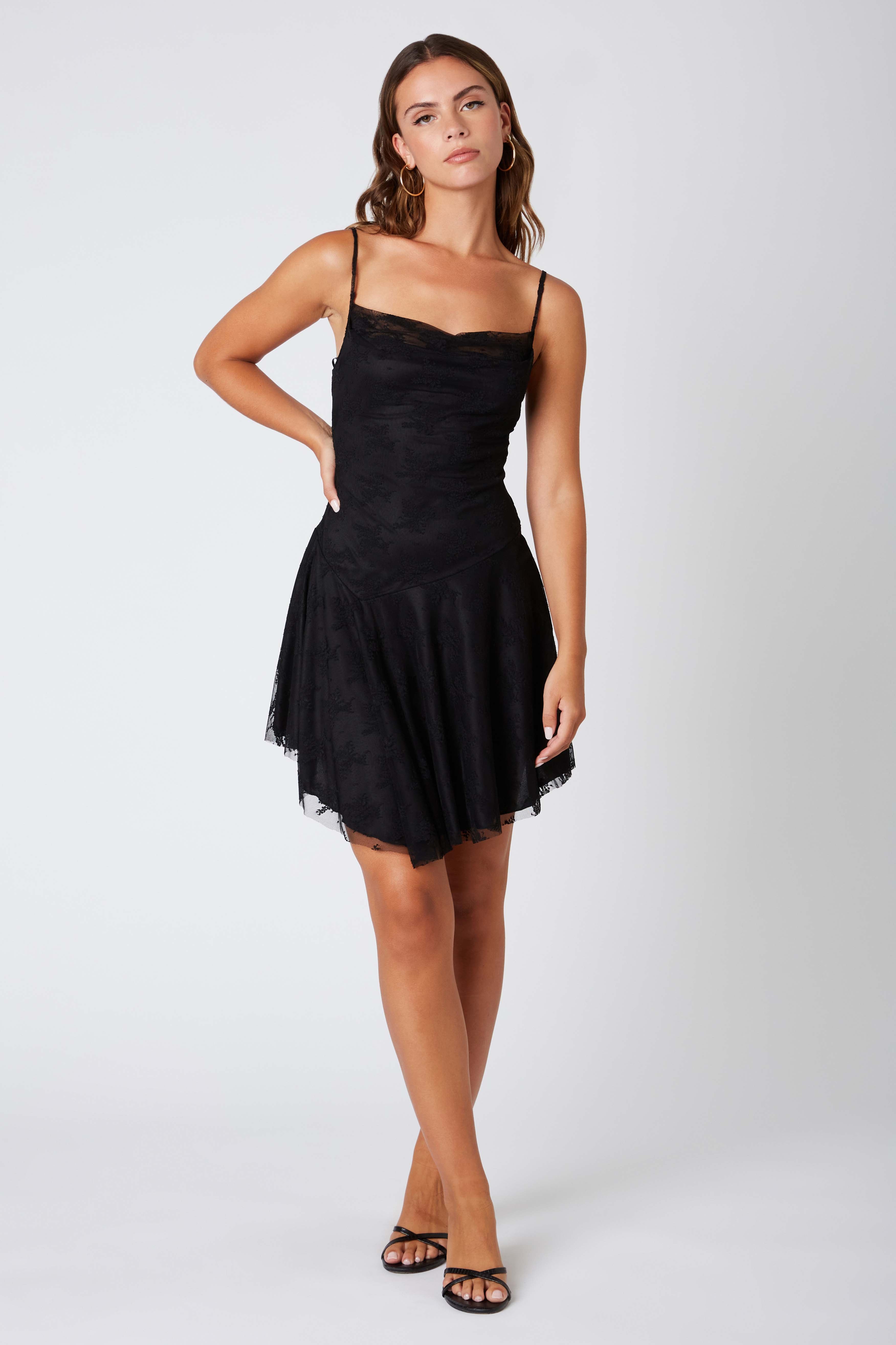 Lace Asymmetrical Dress in Black Front View