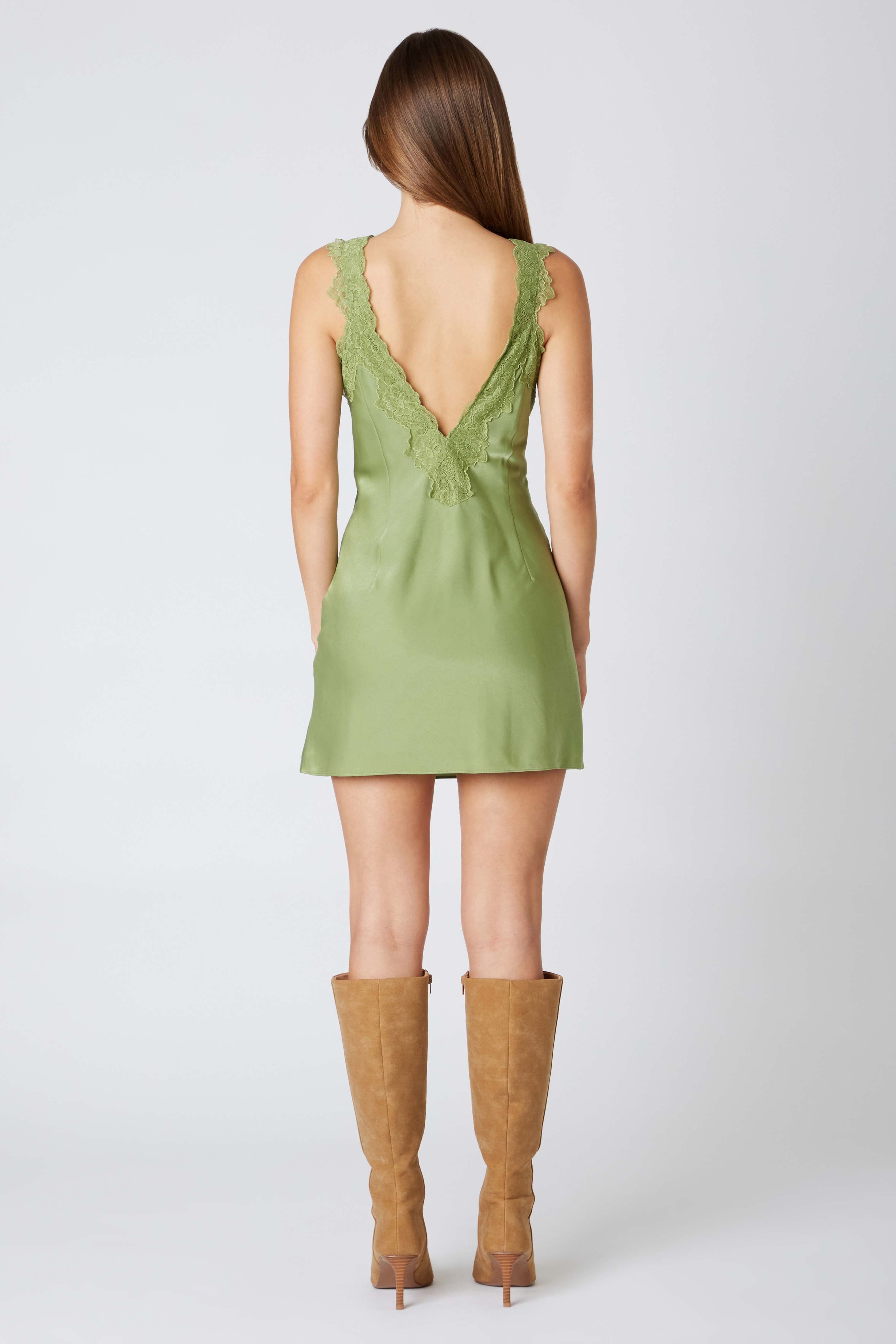 Satin Mini Dress in Basil Back View