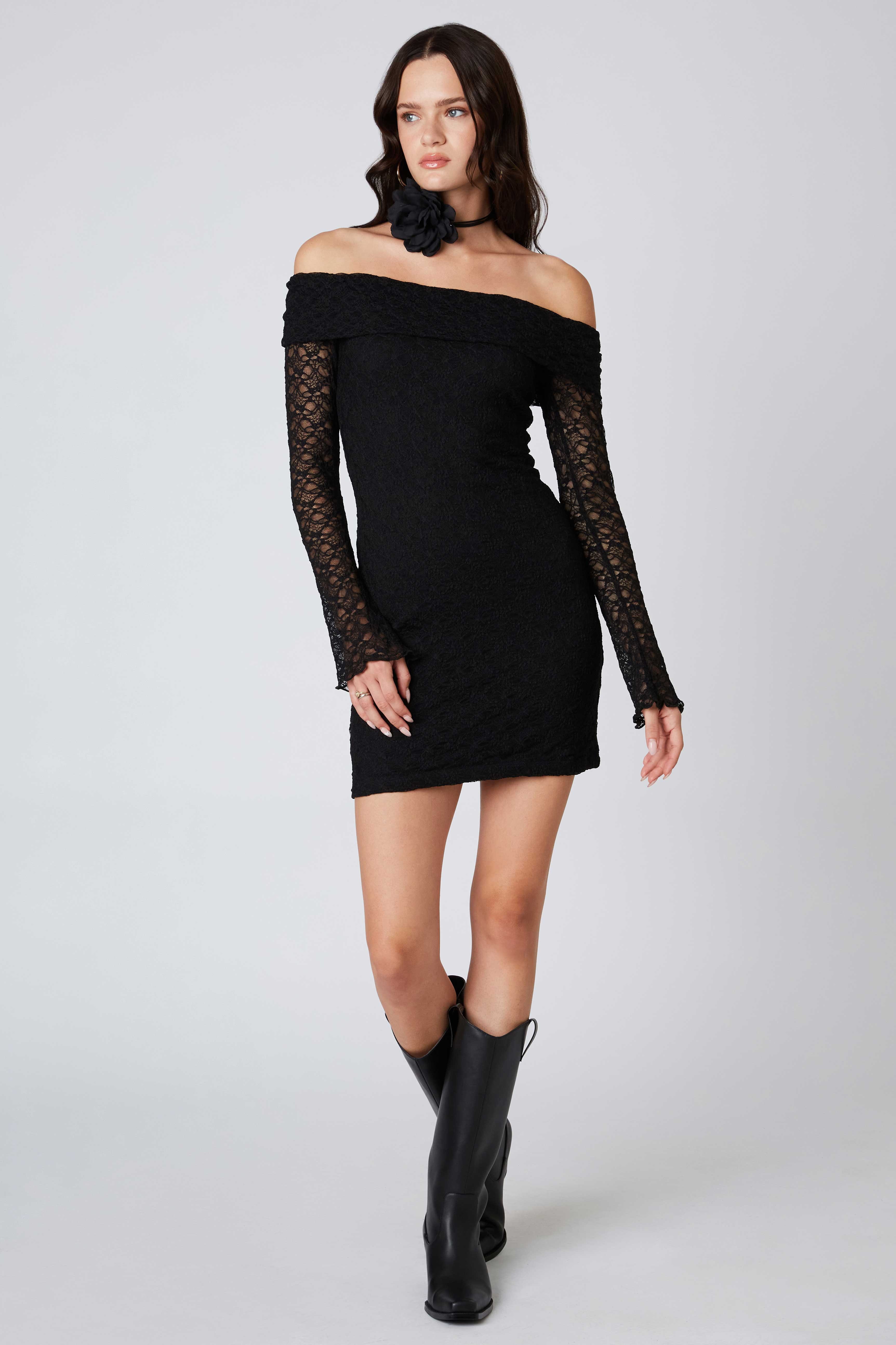 Off the Shoulder Lace Mini Dress in Black Front View