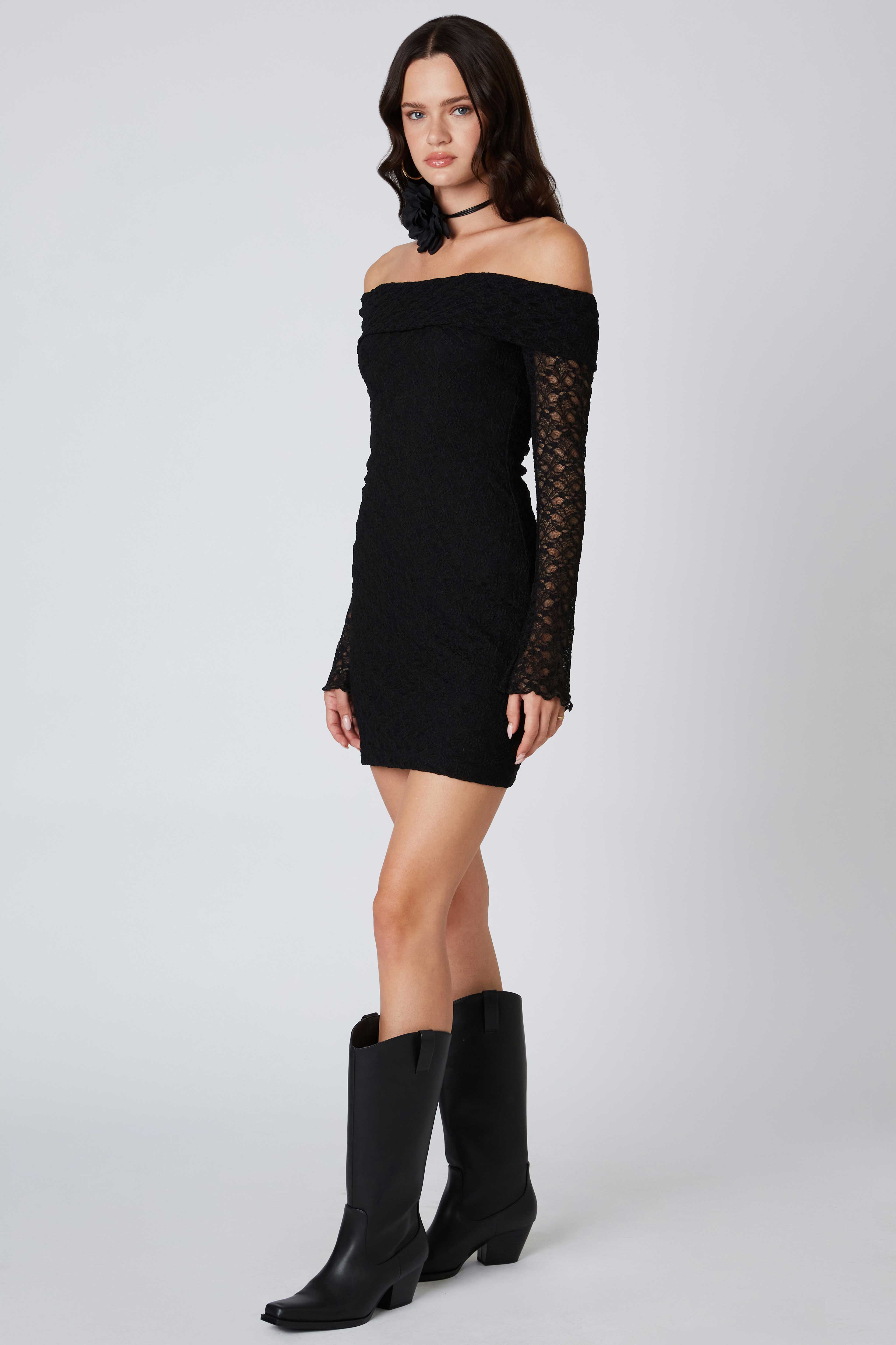 Off the Shoulder Lace Mini Dress in Black Side View