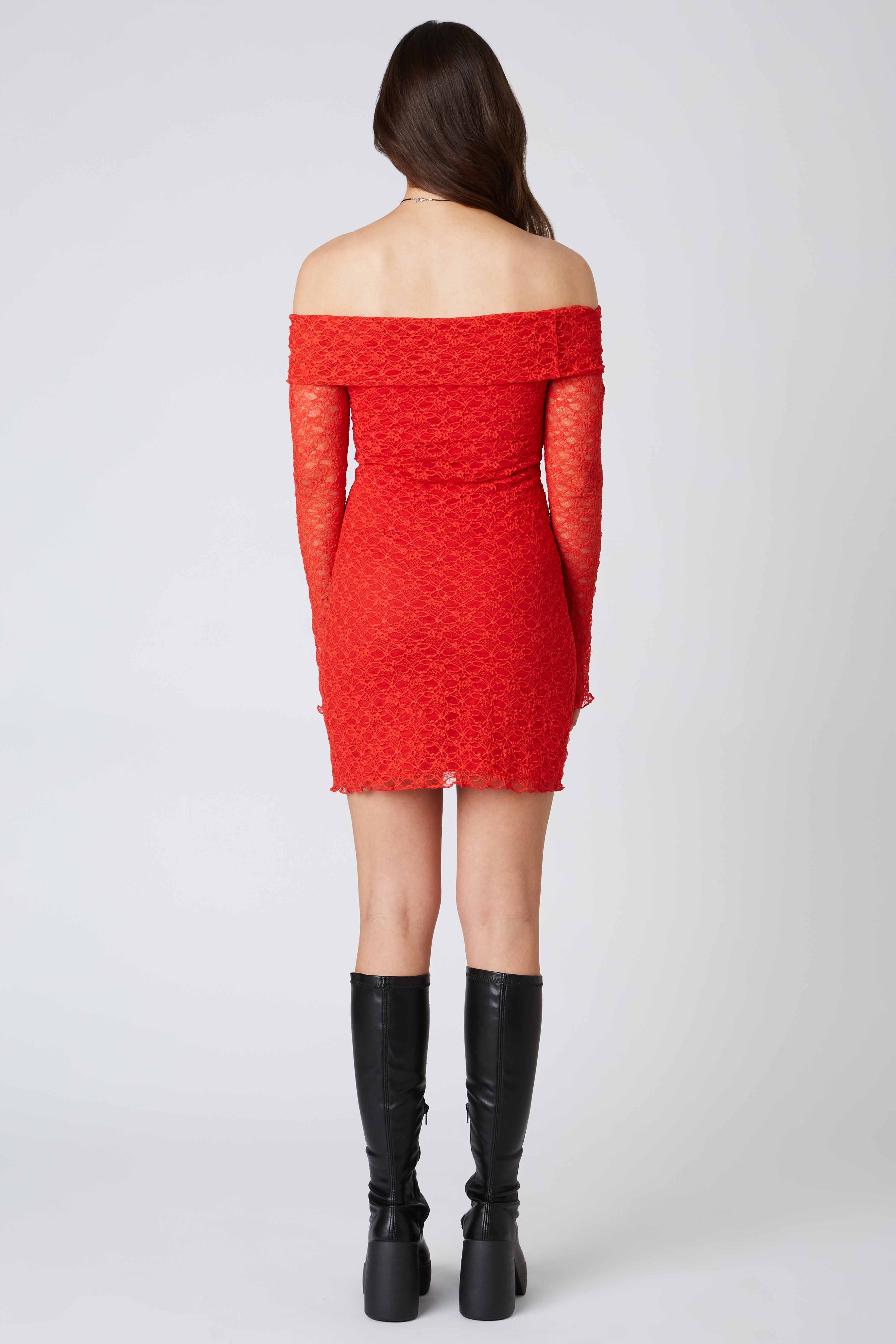 Off the Shoulder Lace Mini Dress in Red Back View