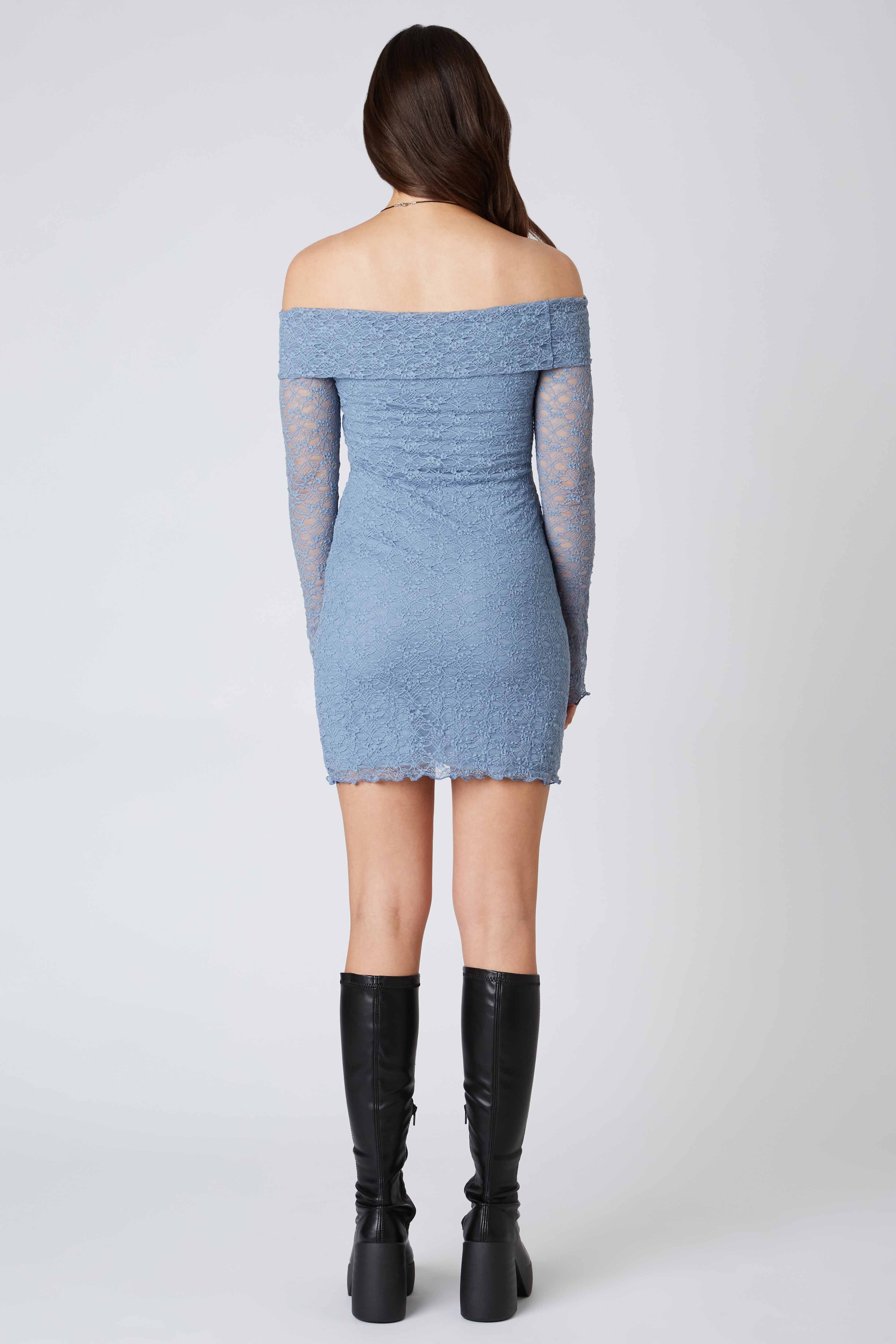 Off the Shoulder Lace Mini Dress in Slate Back View
