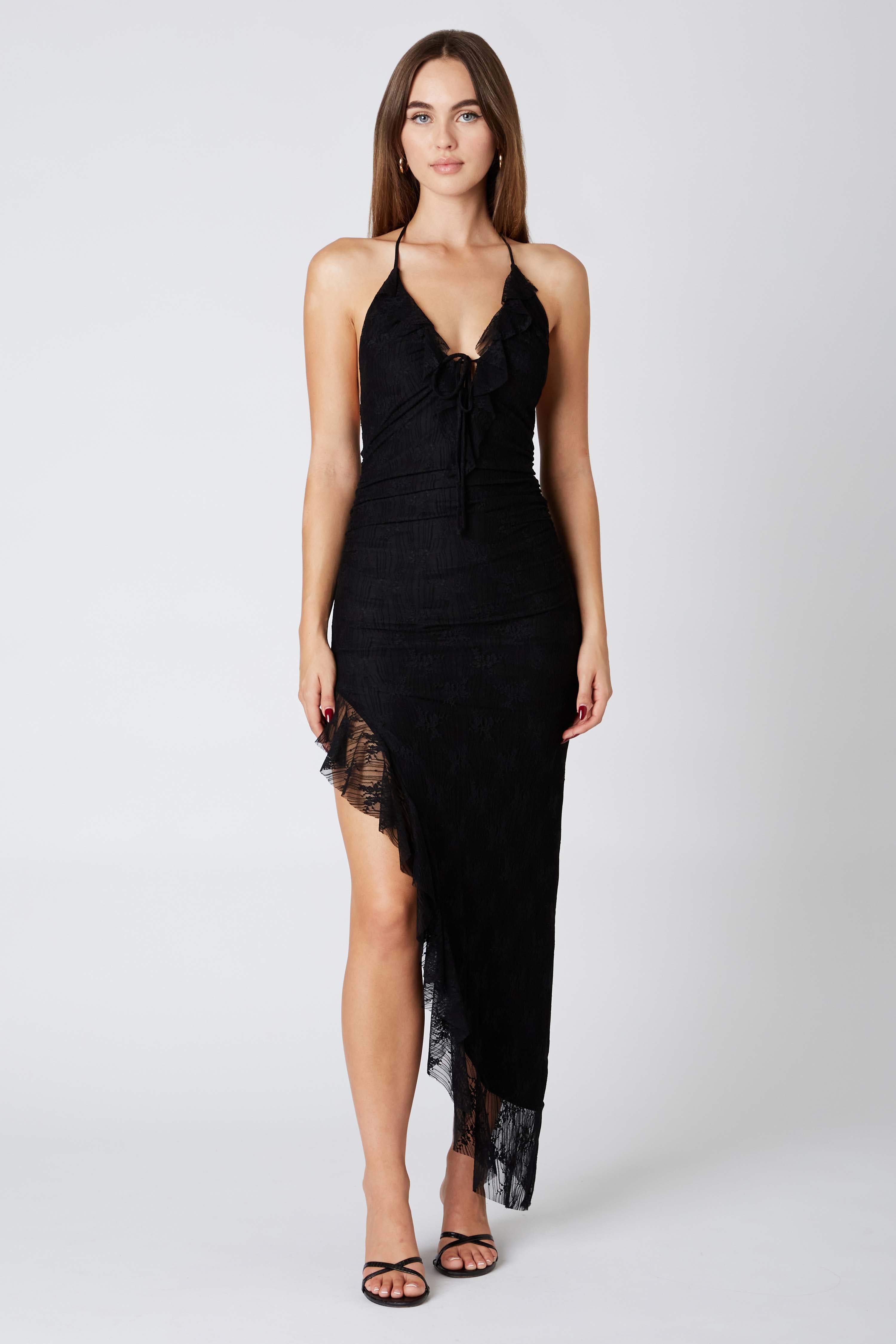 Lace Halter Asymmetrical Midi Dress in Black Front View