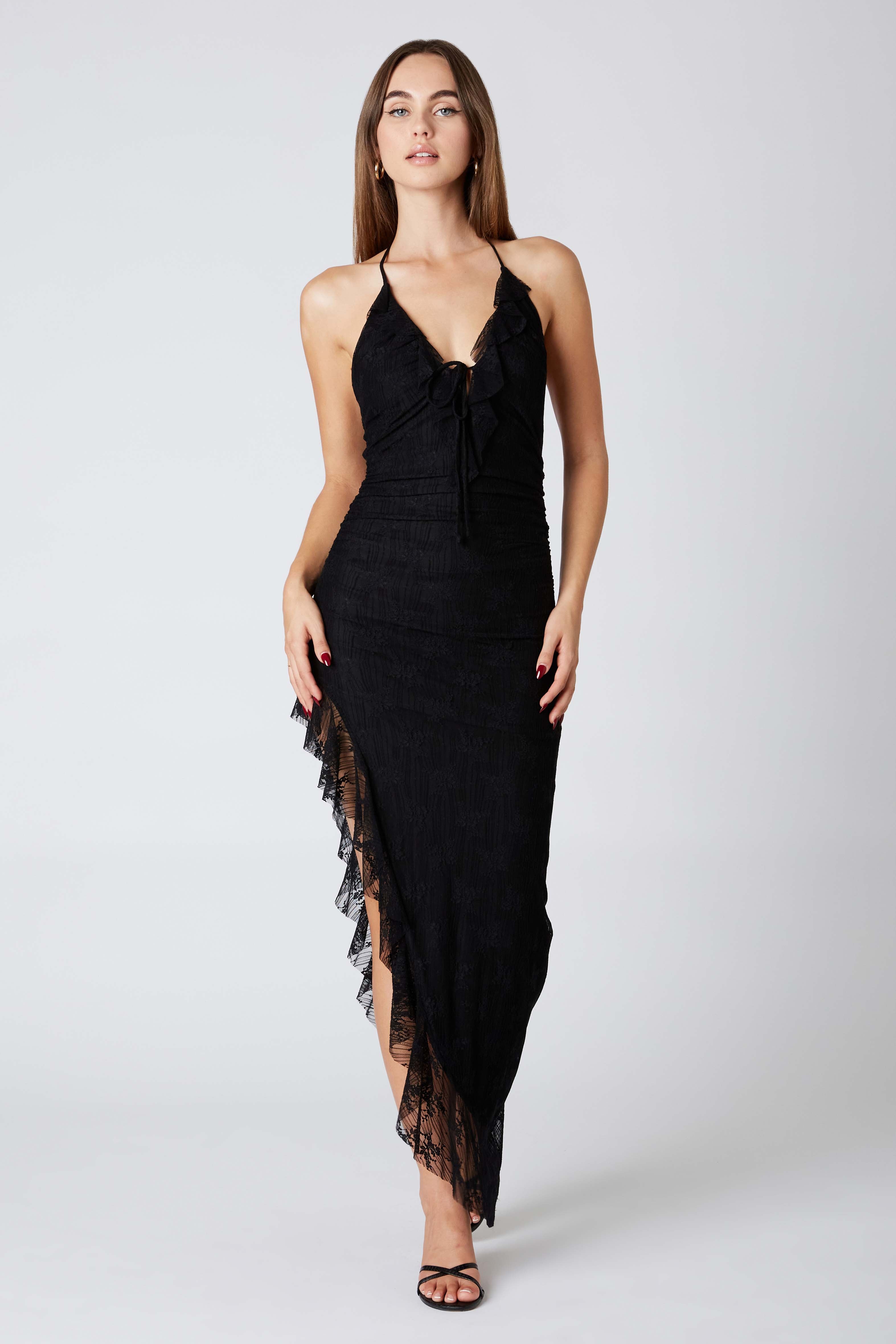 Lace Halter Asymmetrical Midi Dress in Black Front View