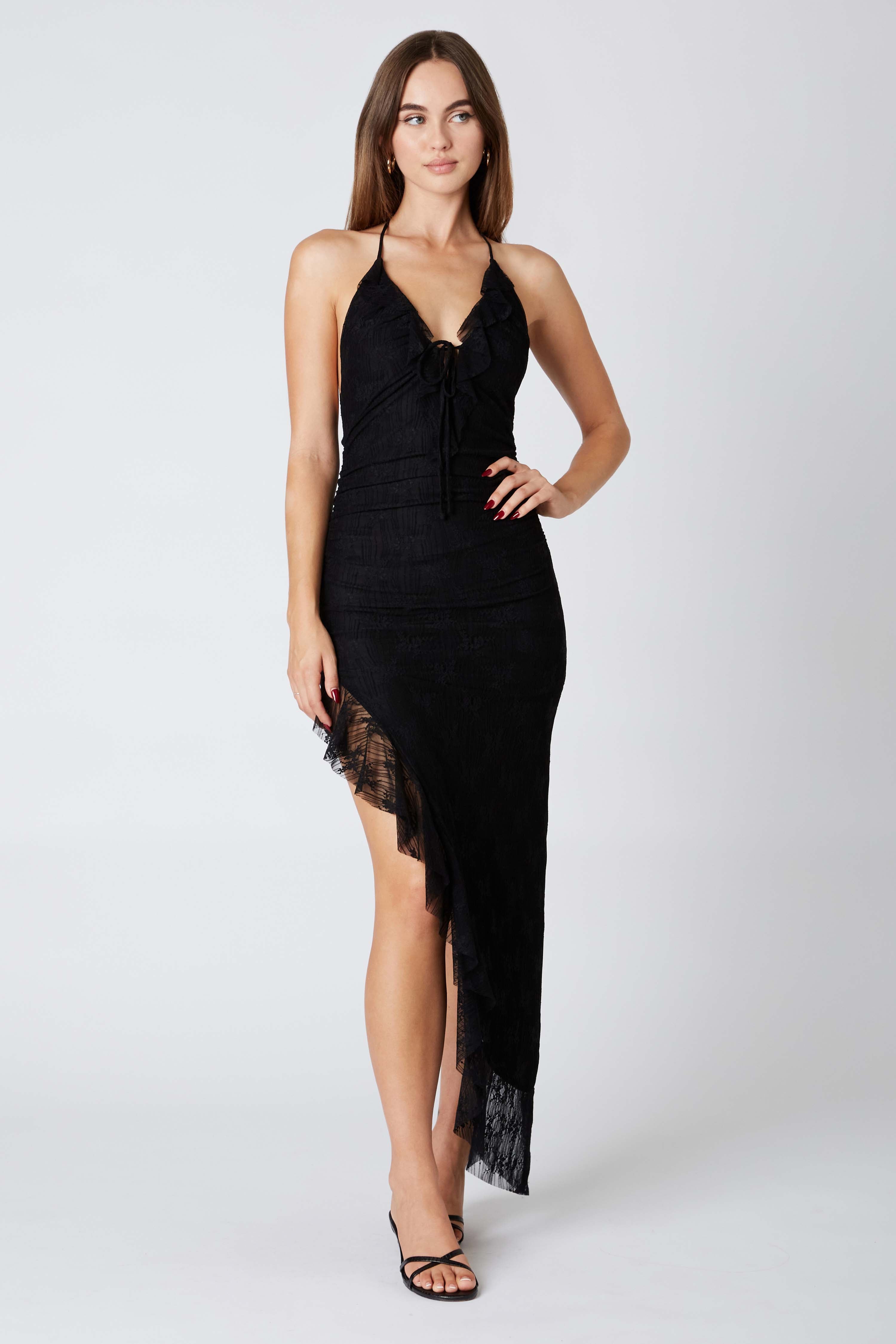 Lace Halter Asymmetrical Midi Dress in Black Front View