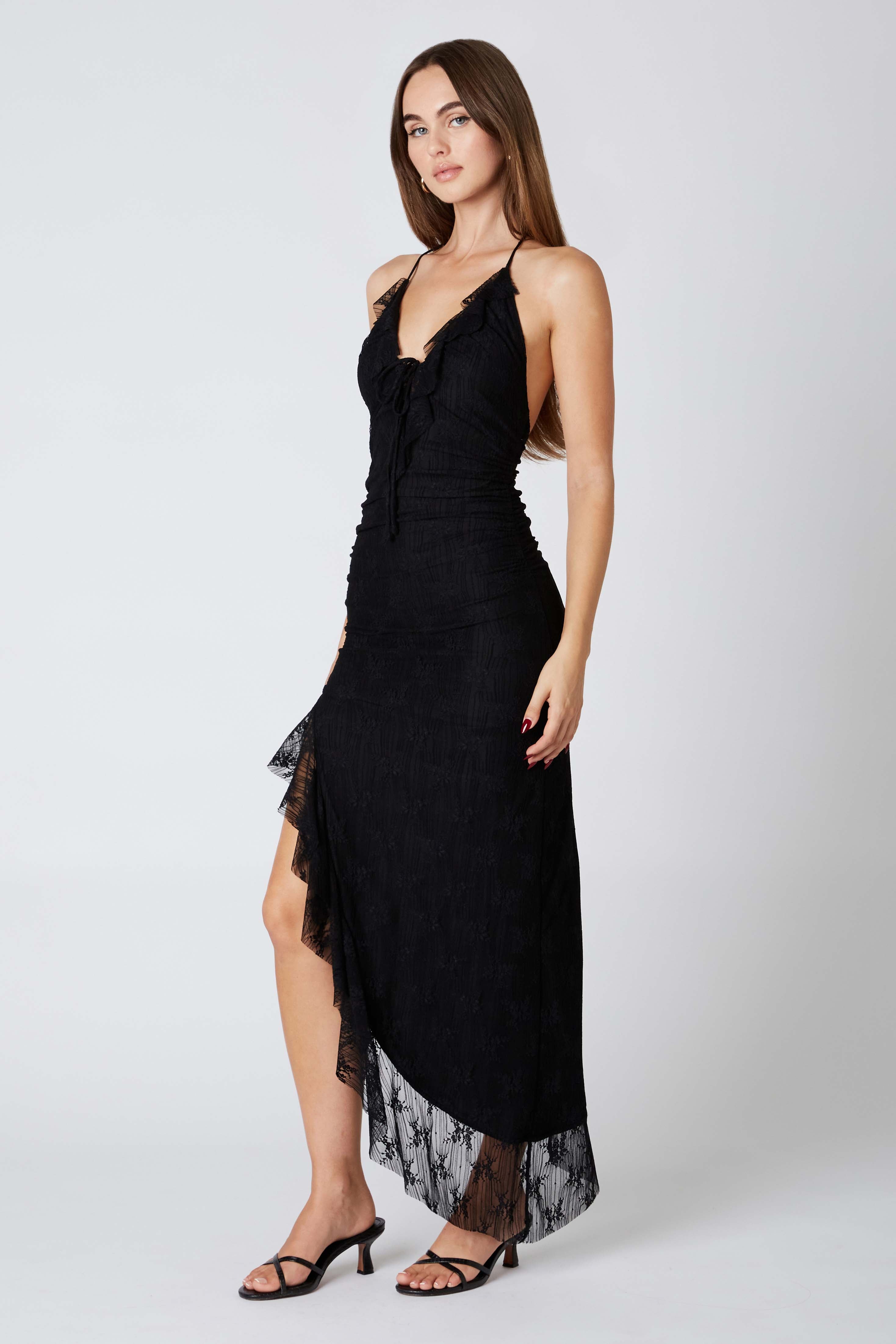 Lace Halter Asymmetrical Midi Dress in Black Side View