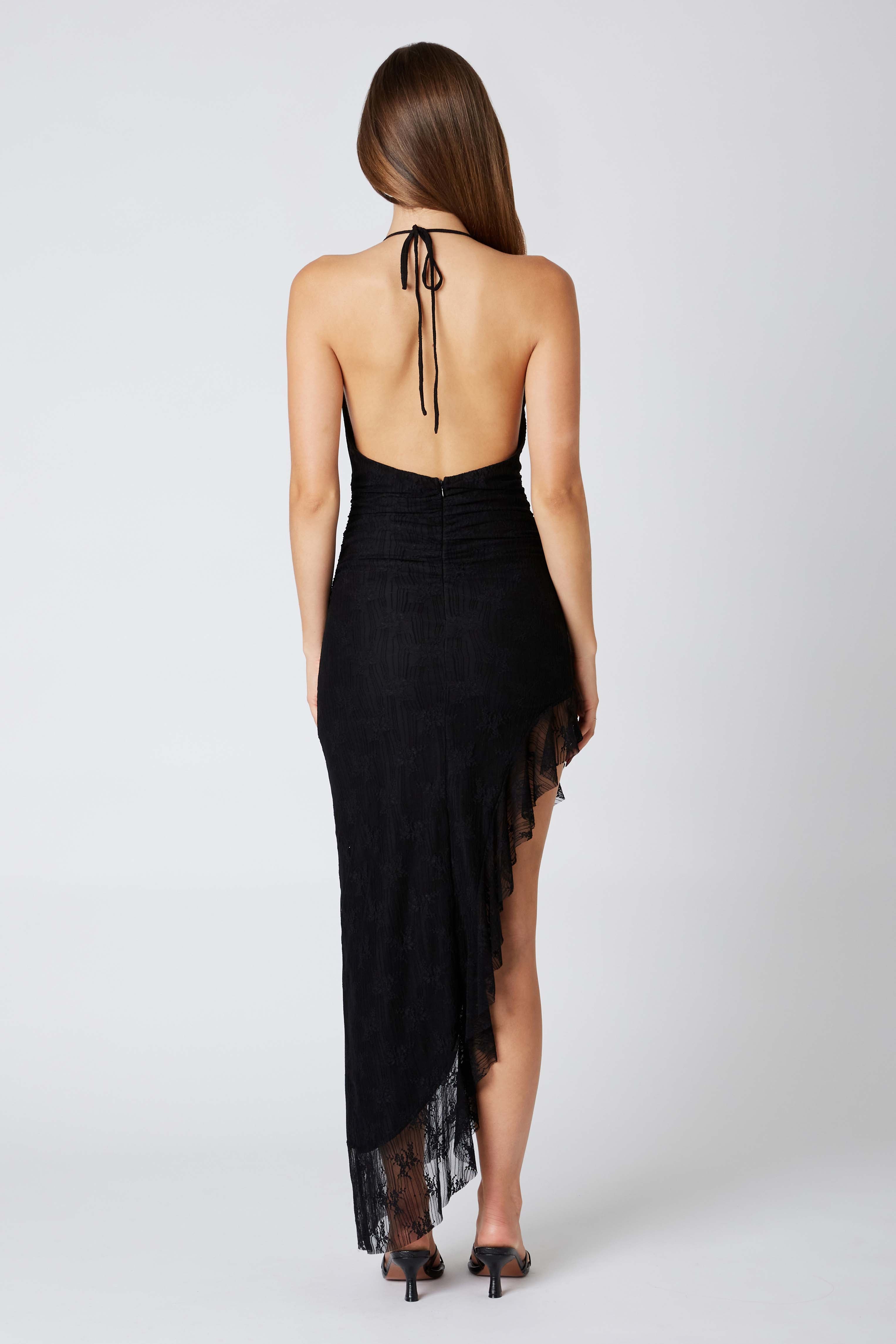 Lace Halter Asymmetrical Midi Dress in Black Back View