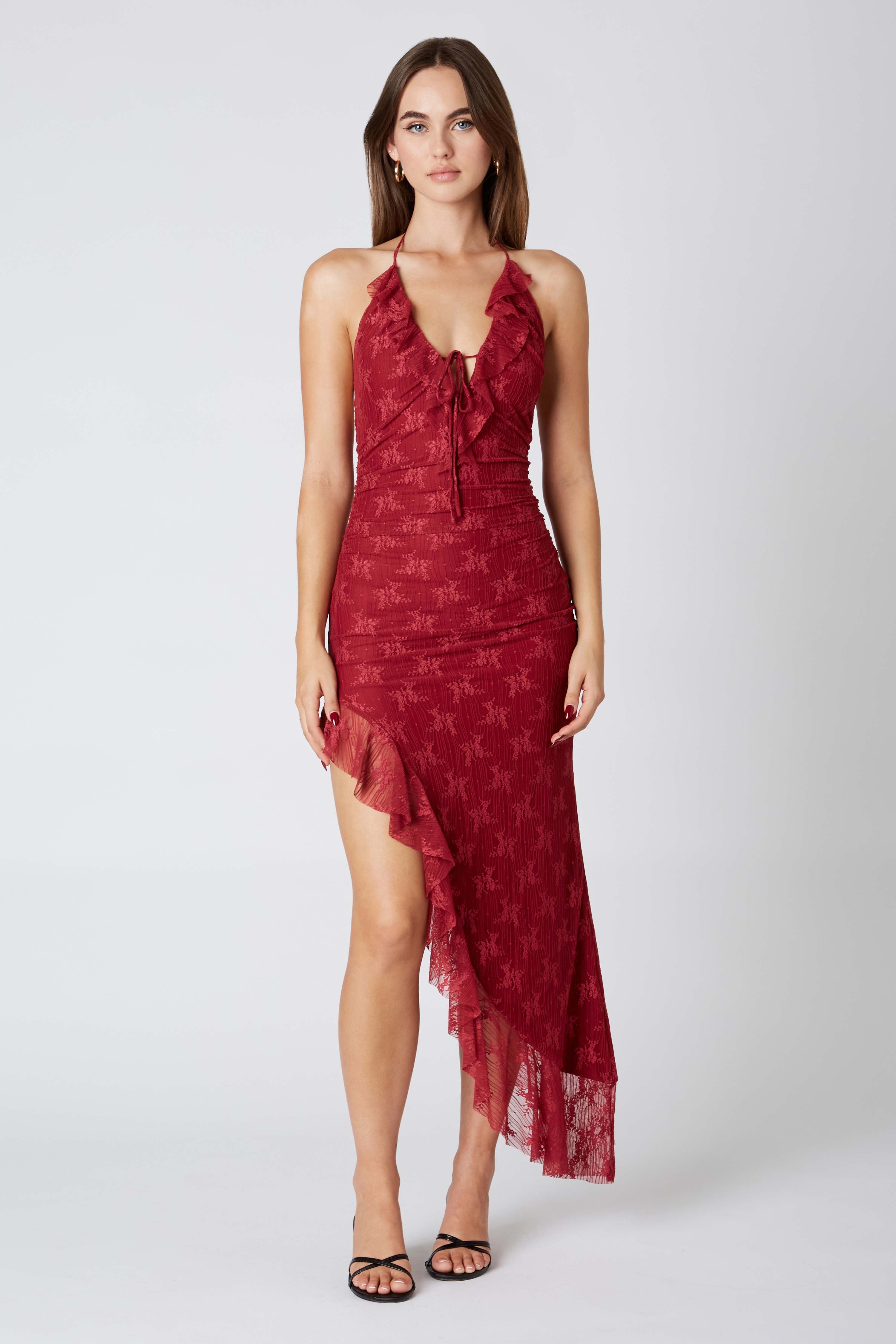 Lace Halter Asymmetrical Midi Dress in Crimson Front View