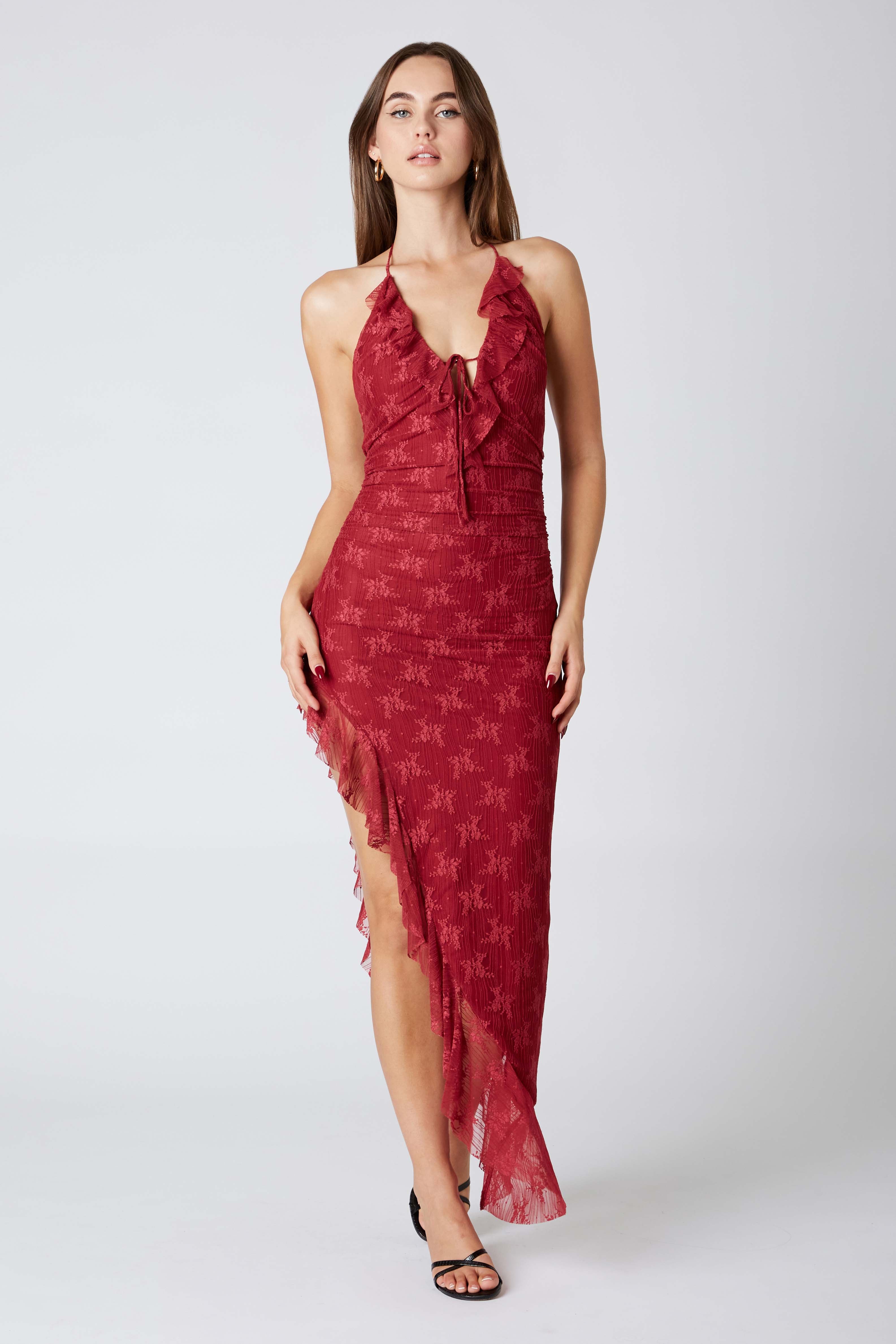 Lace Halter Asymmetrical Midi Dress in Crimson Front View