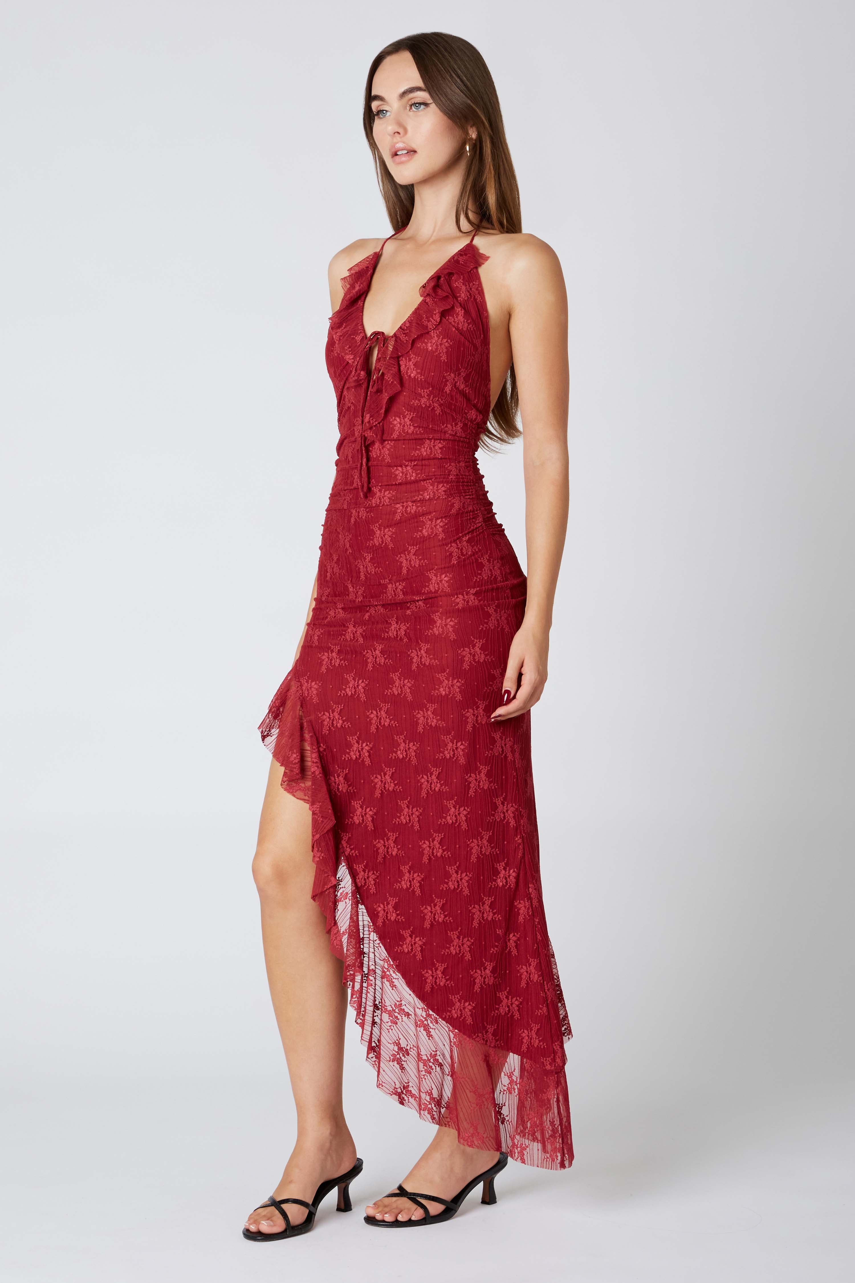 Lace Halter Asymmetrical Midi Dress in Crimson Side View
