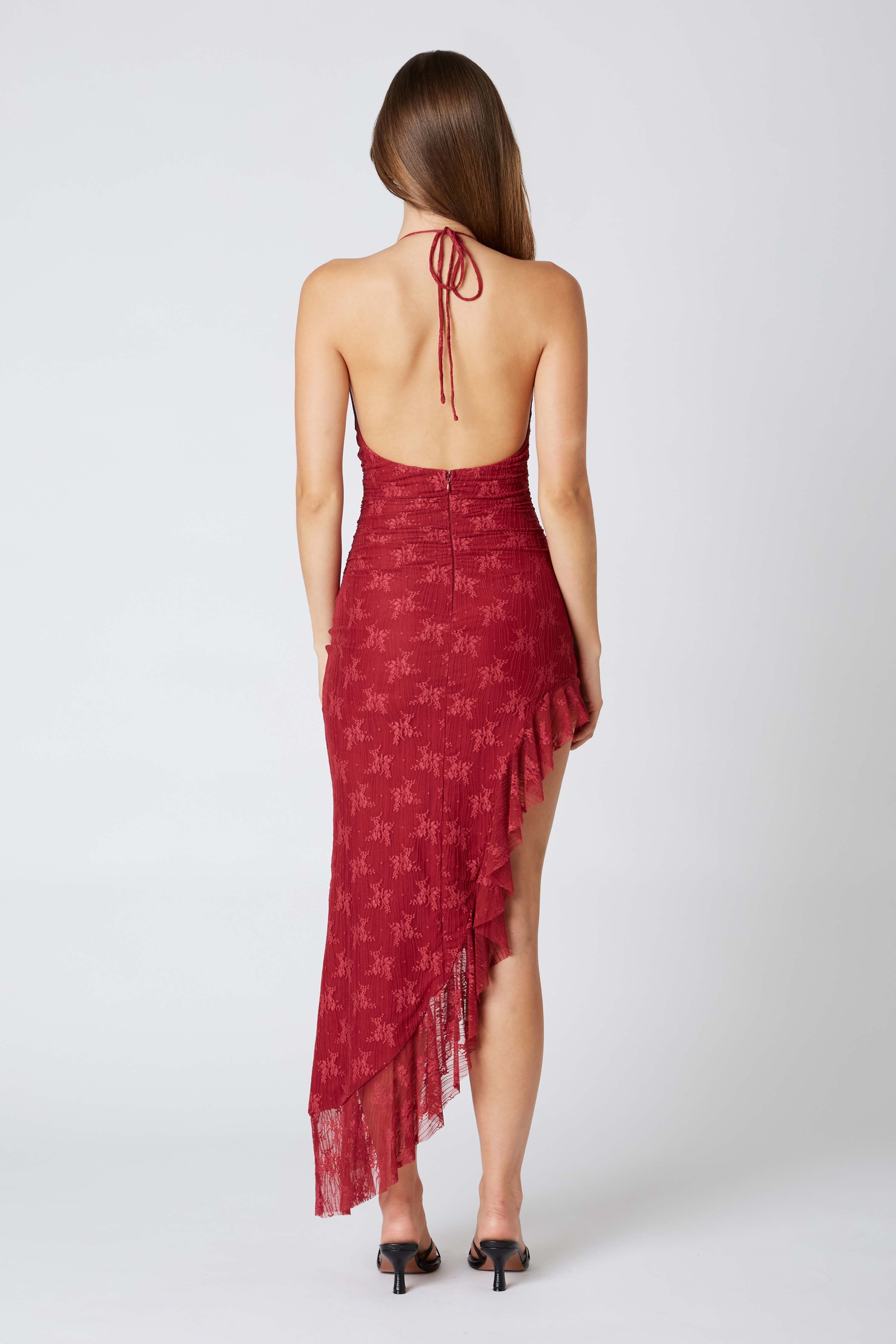 Lace Halter Asymmetrical Midi Dress in Crimson Back View