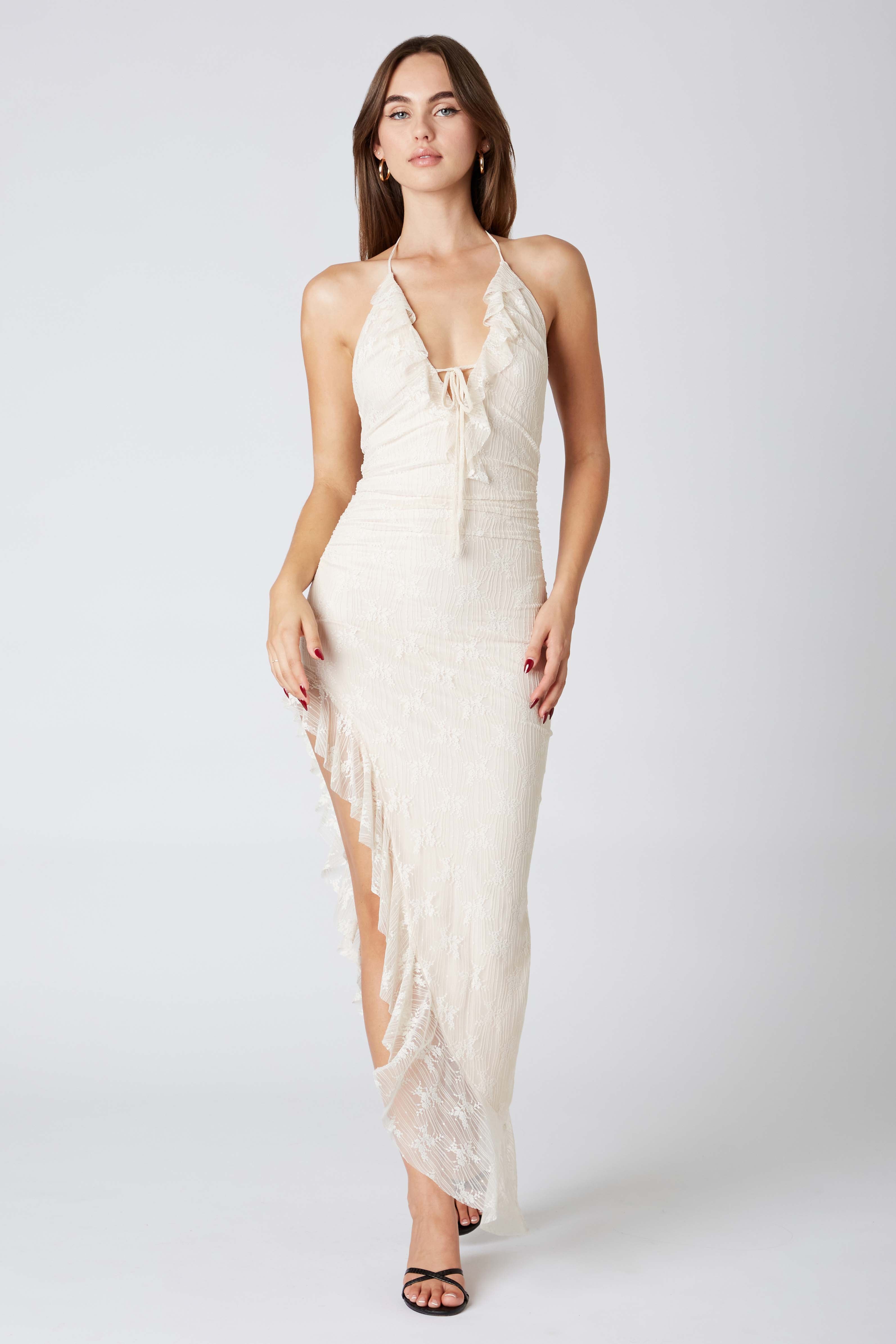 Lace Halter Asymmetrical Midi Dress in Latte Front View