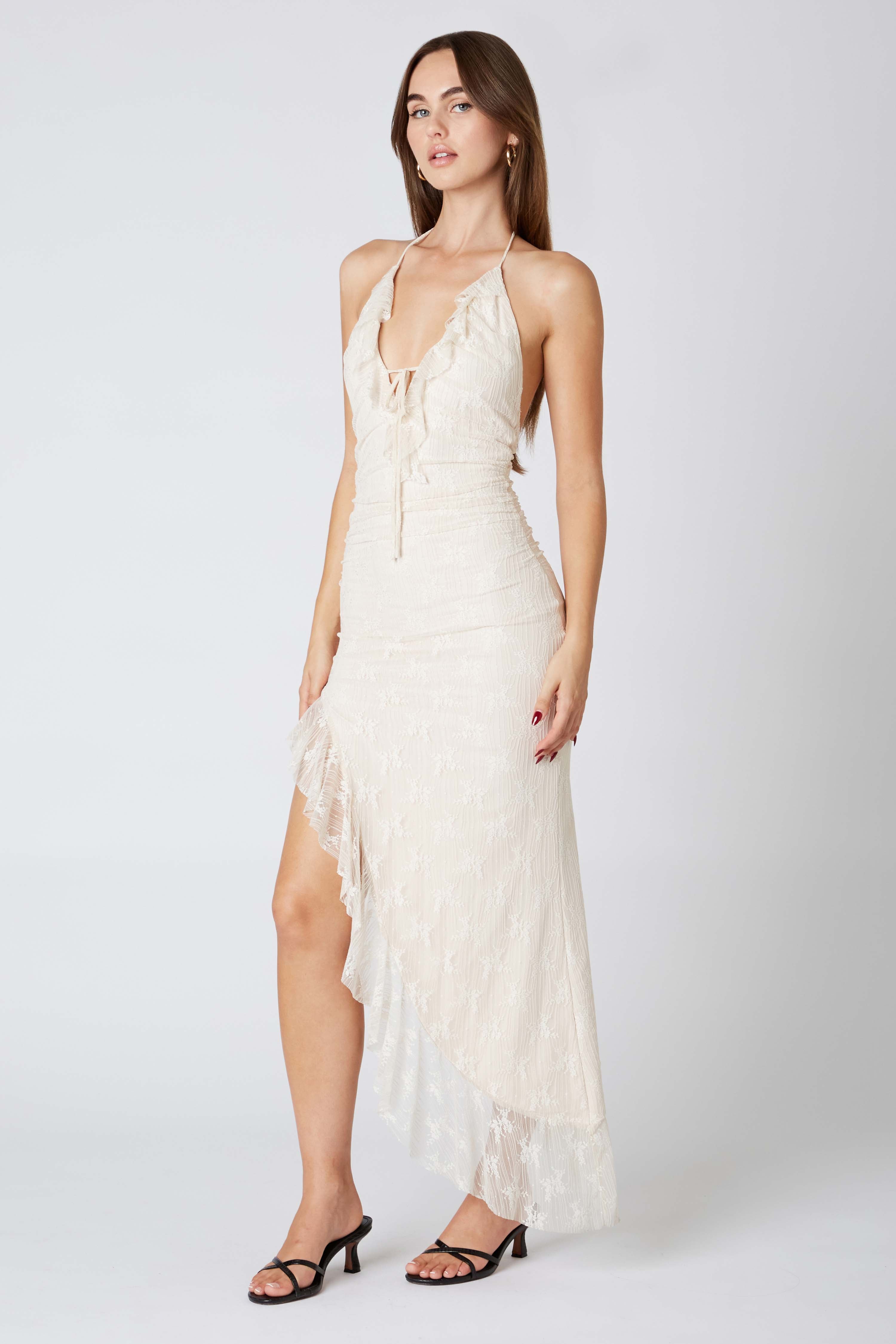 Lace Halter Asymmetrical Midi Dress in Latte Side View