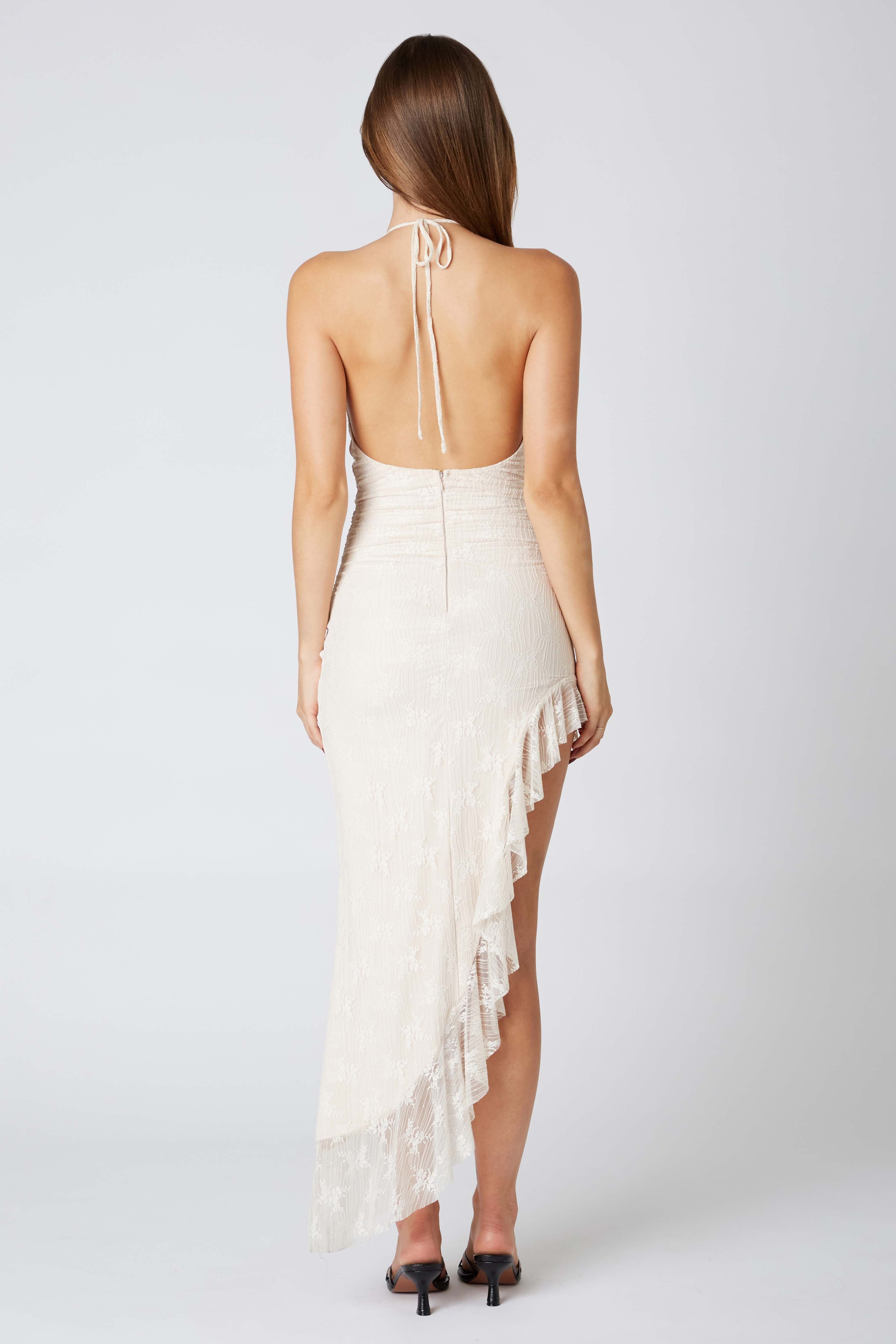 Lace Halter Asymmetrical Midi Dress in Latte Back View