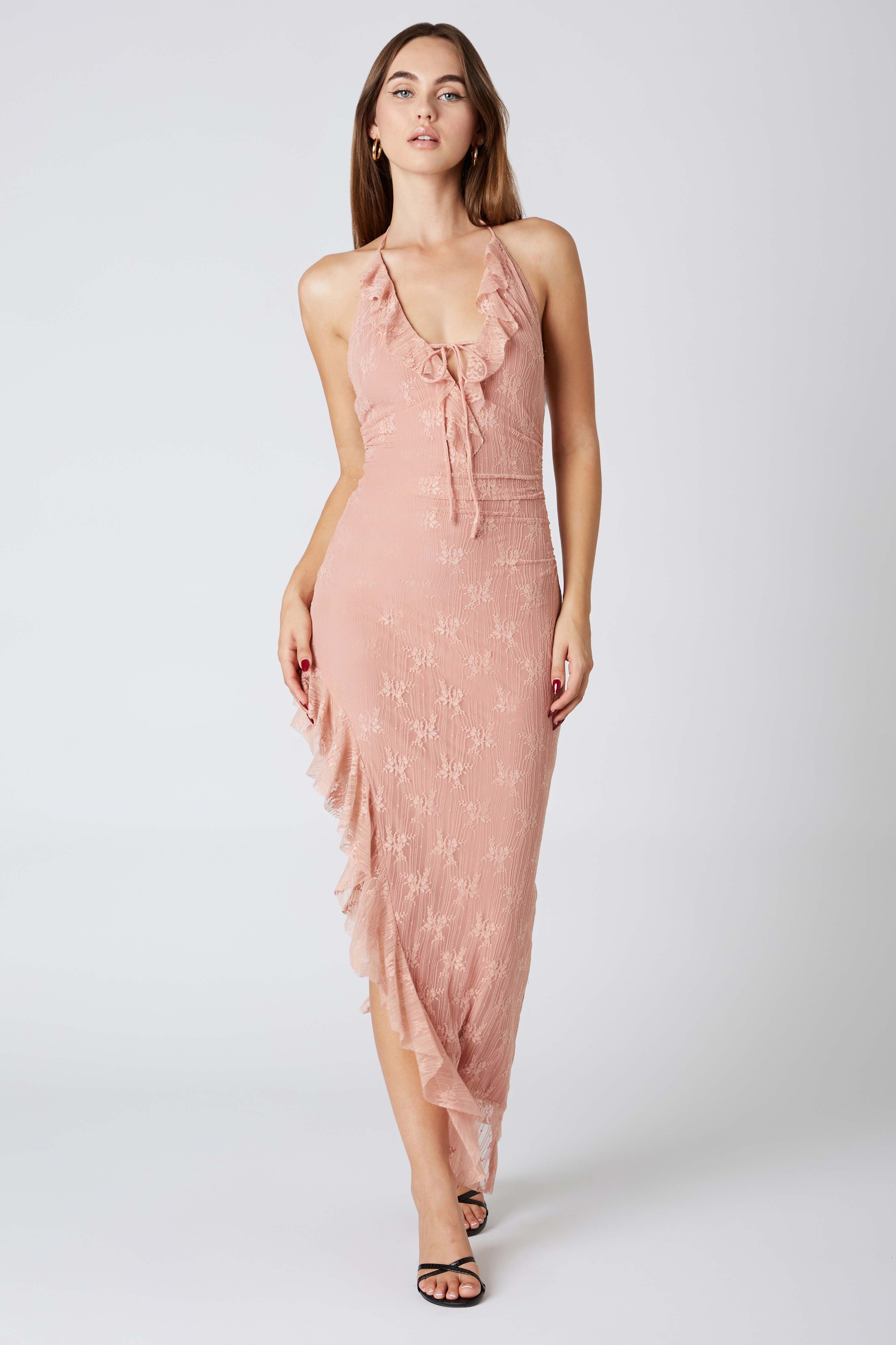 Lace Halter Asymmetrical Midi Dress in Terra Front View