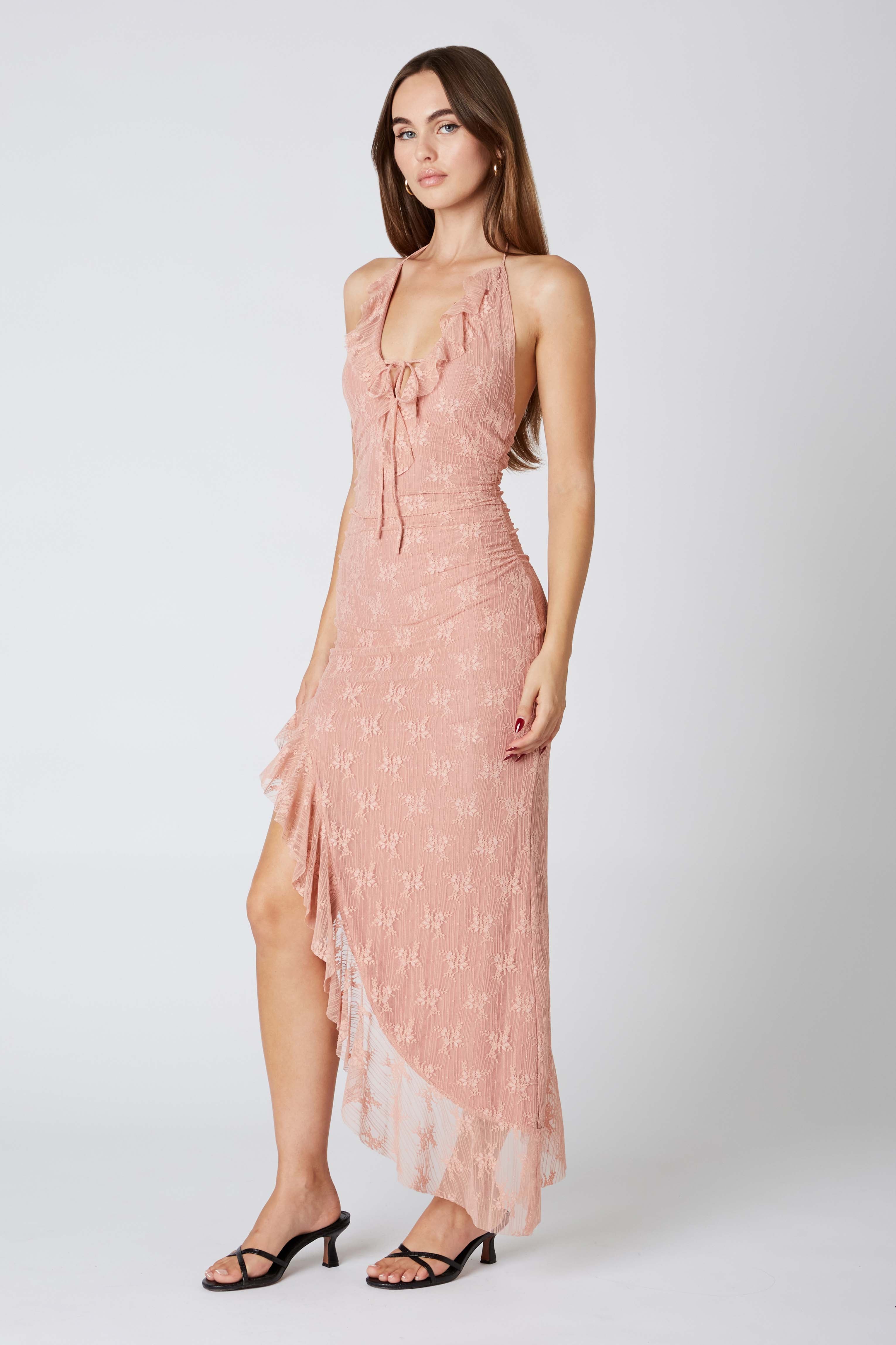 Lace Halter Asymmetrical Midi Dress in Terra Side View