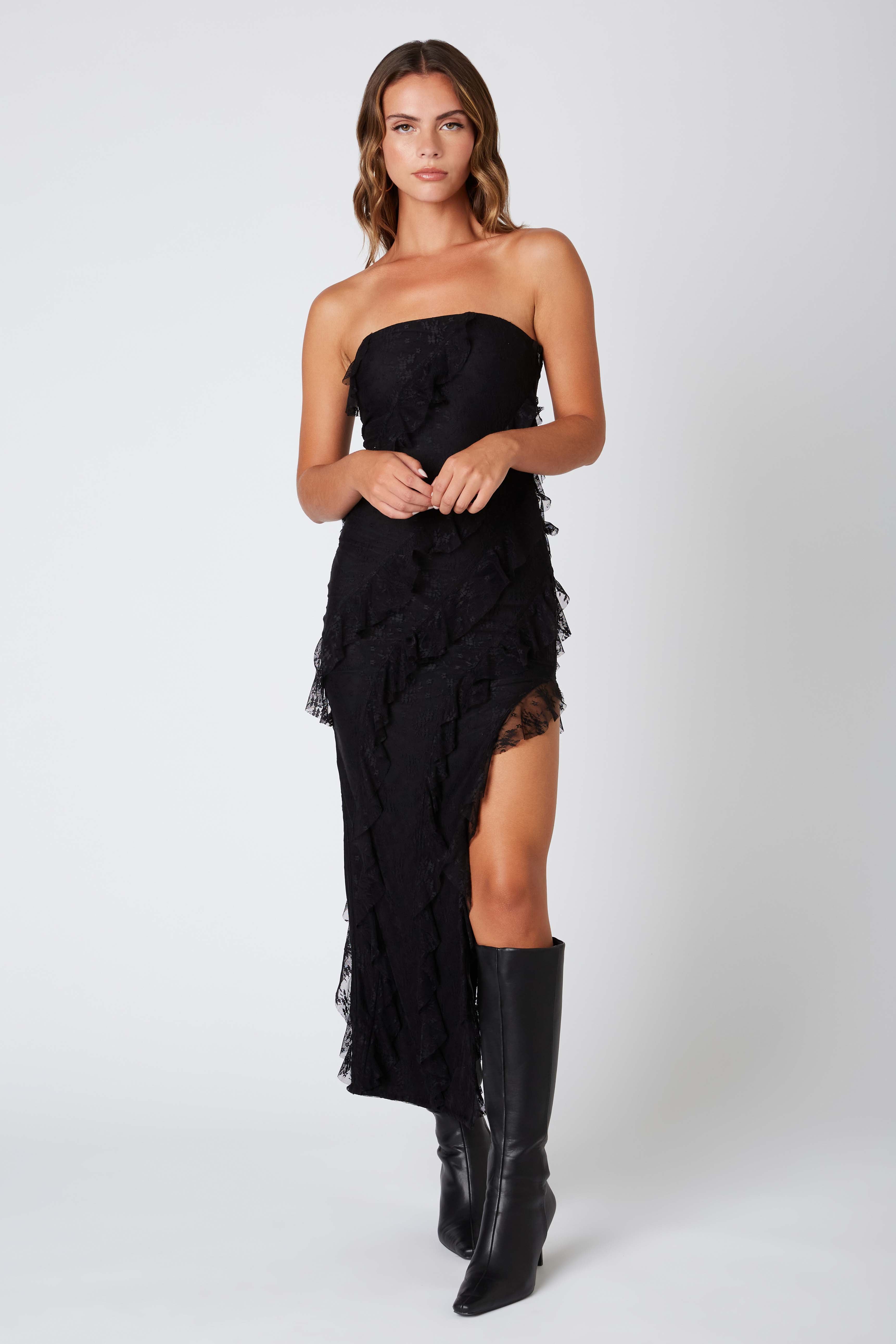 Lace Strapless Maxi Dress in Black Front View