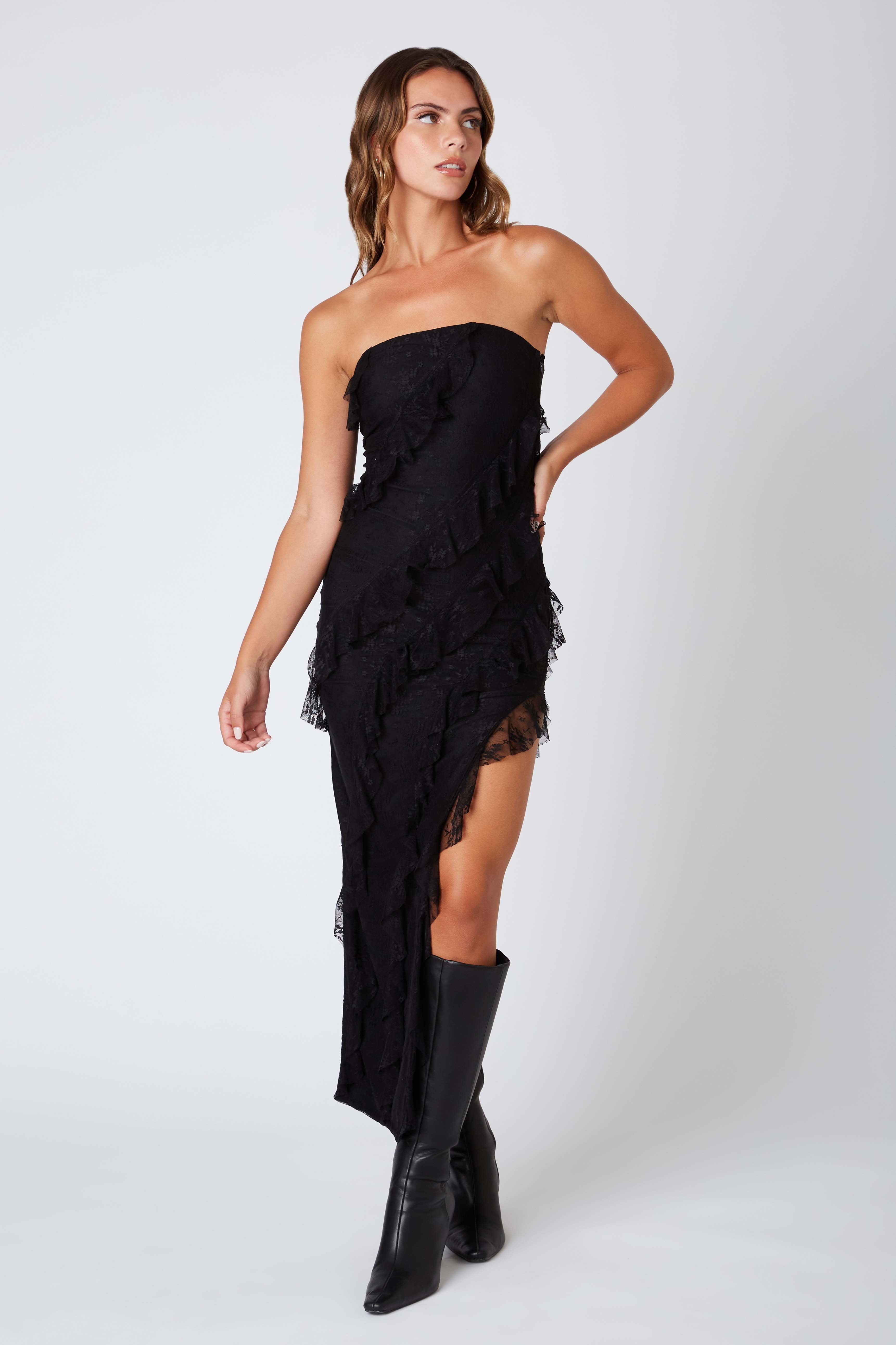 Lace Strapless Maxi Dress in Black Front View