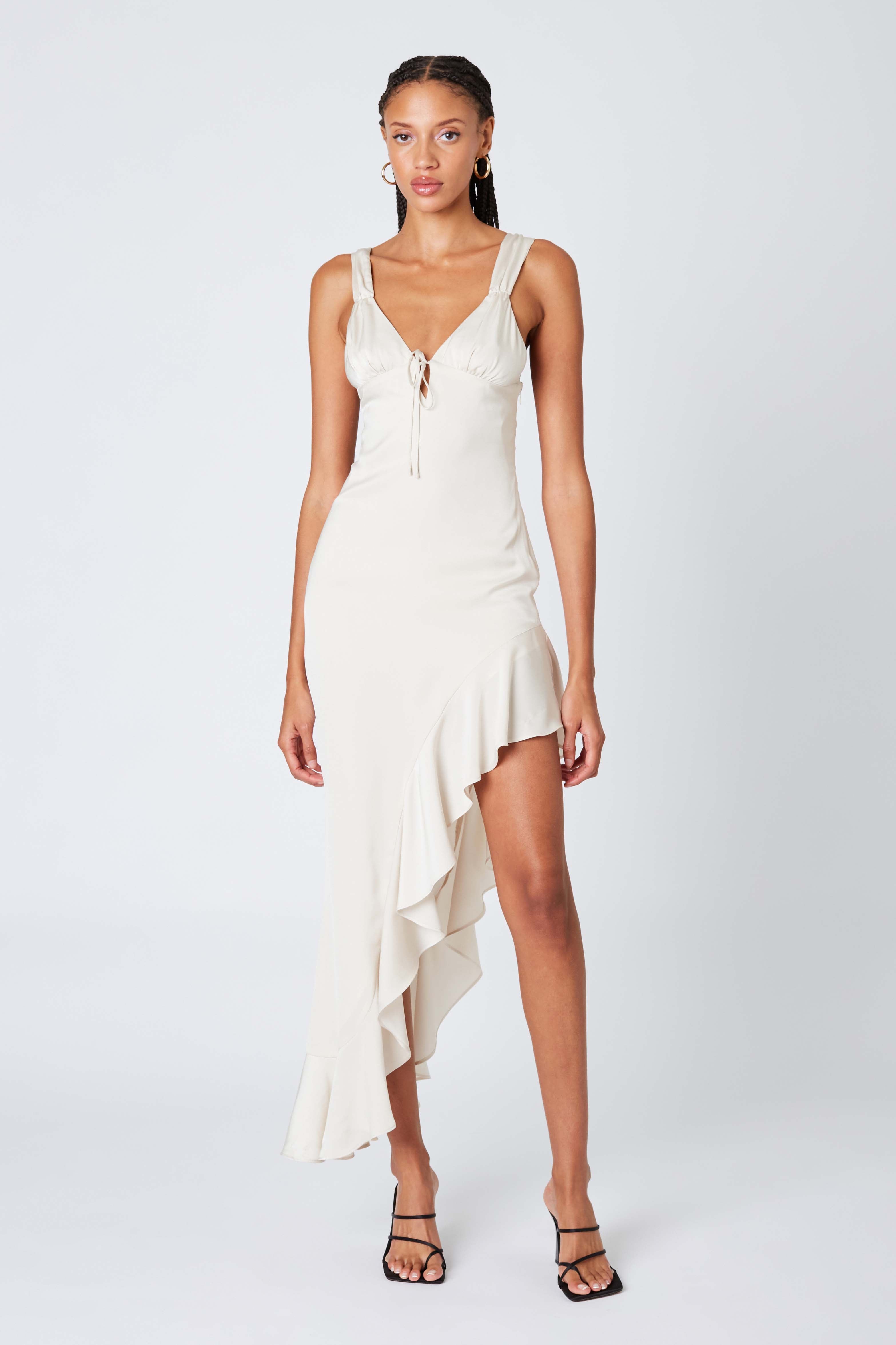 Satin High-low Midi Dress in Bone Front View