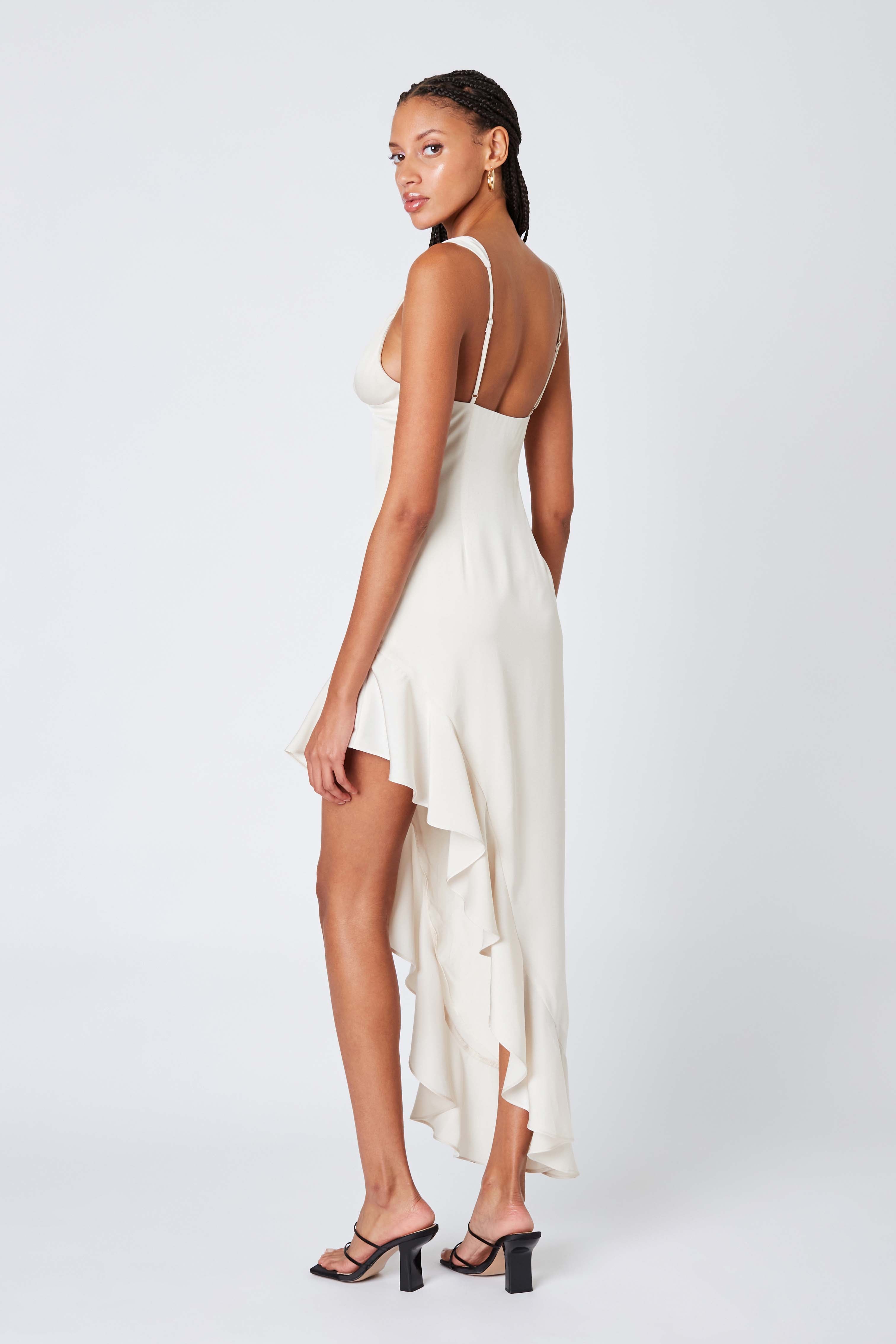 Satin High-low Midi Dress in Bone Back View