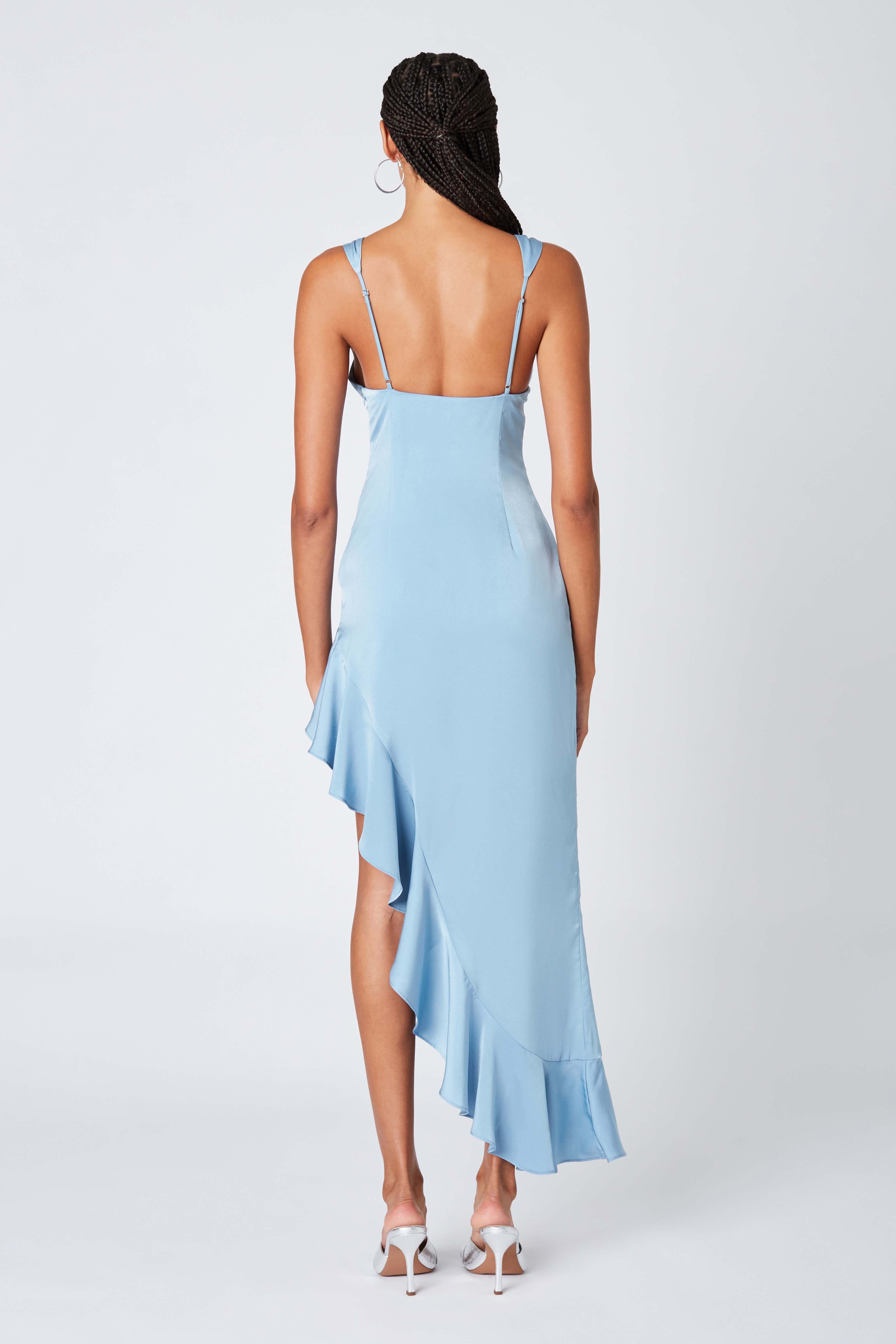 Satin High-low Midi Dress in Slate Blue Back View