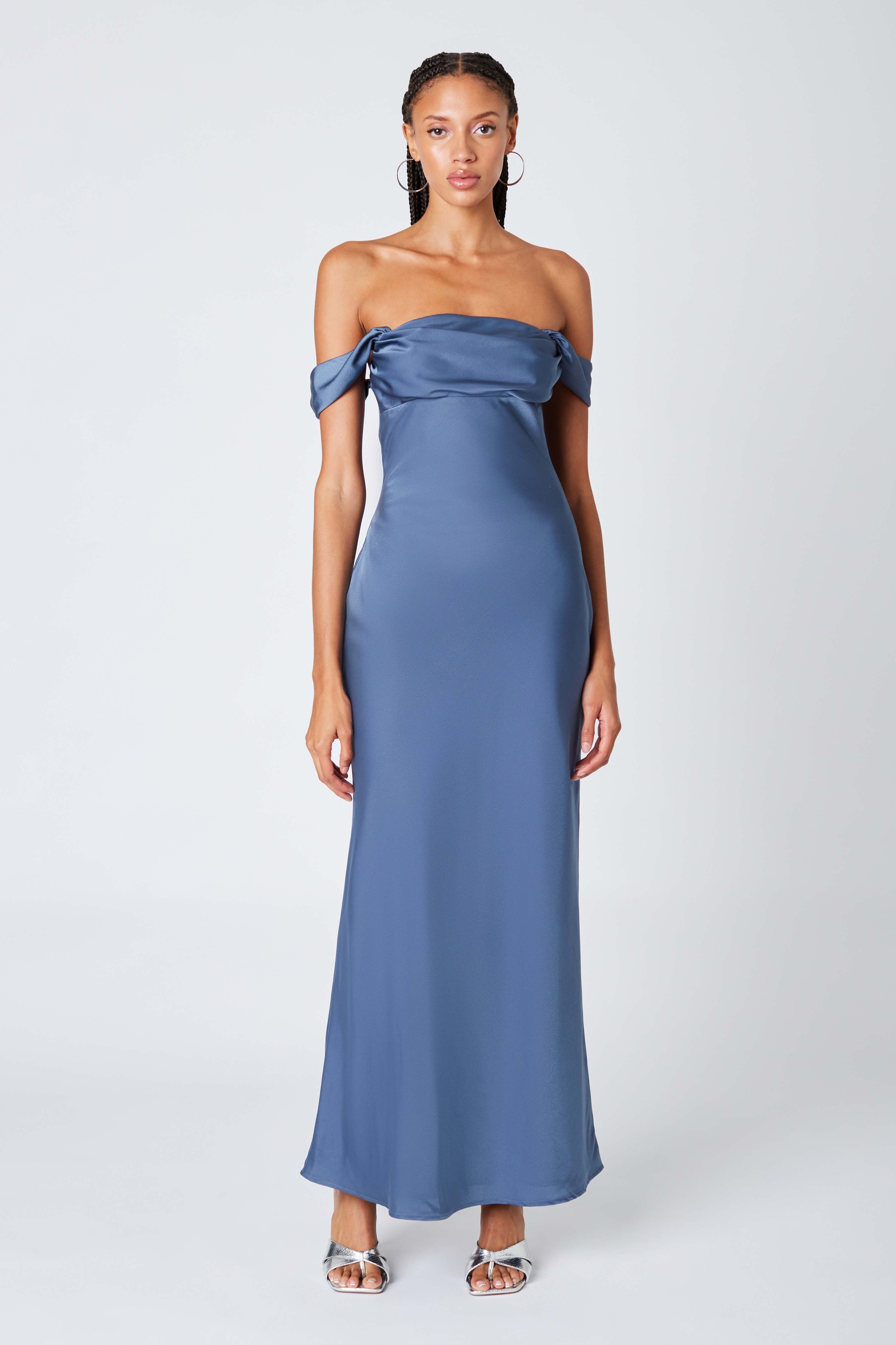 Satin Off the Shoulder Maxi Dress in Bluesteel Front View