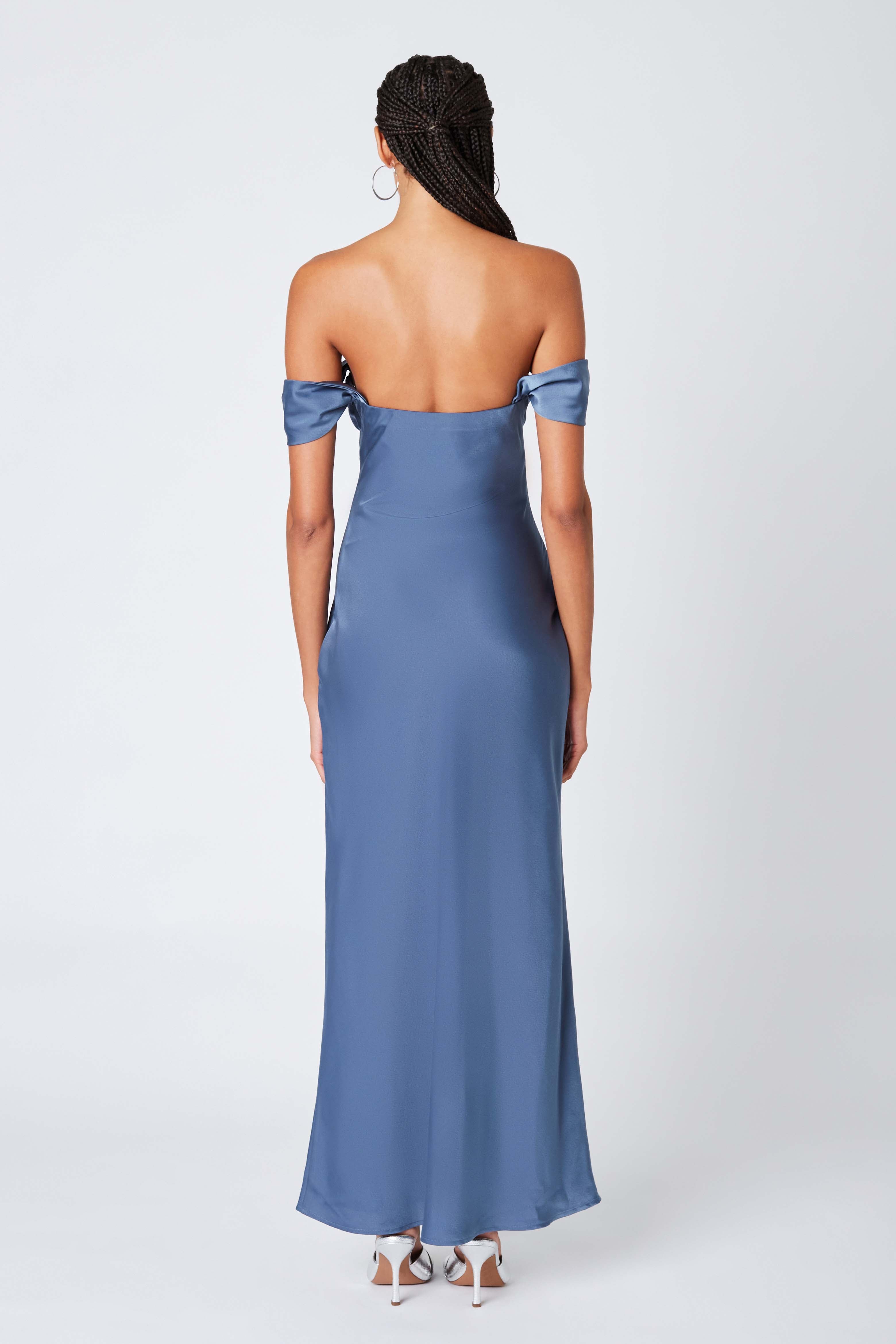 Satin Off the Shoulder Maxi Dress in Bluesteel Back View