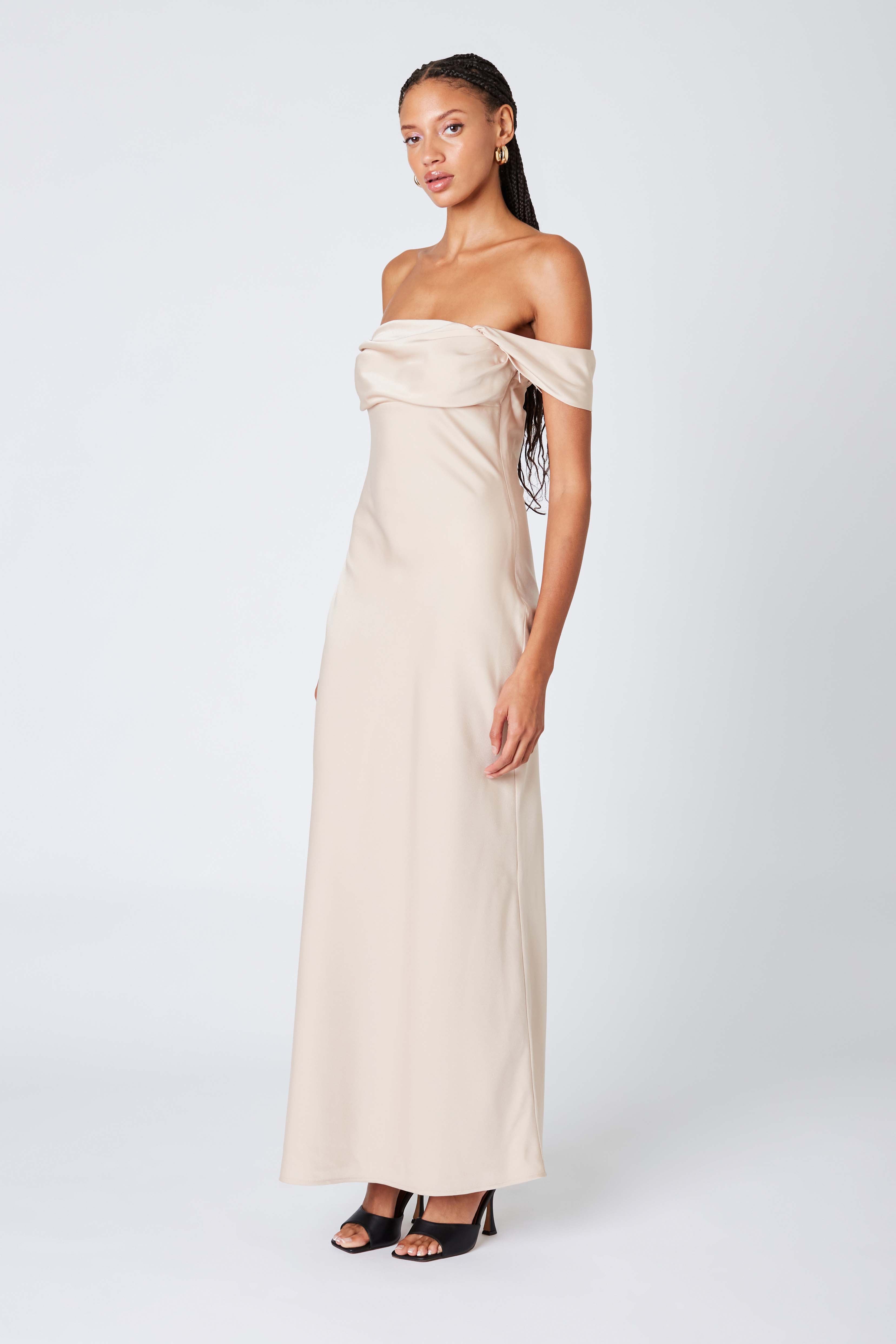 Satin Off the Shoulder Maxi Dress in Buff Side View