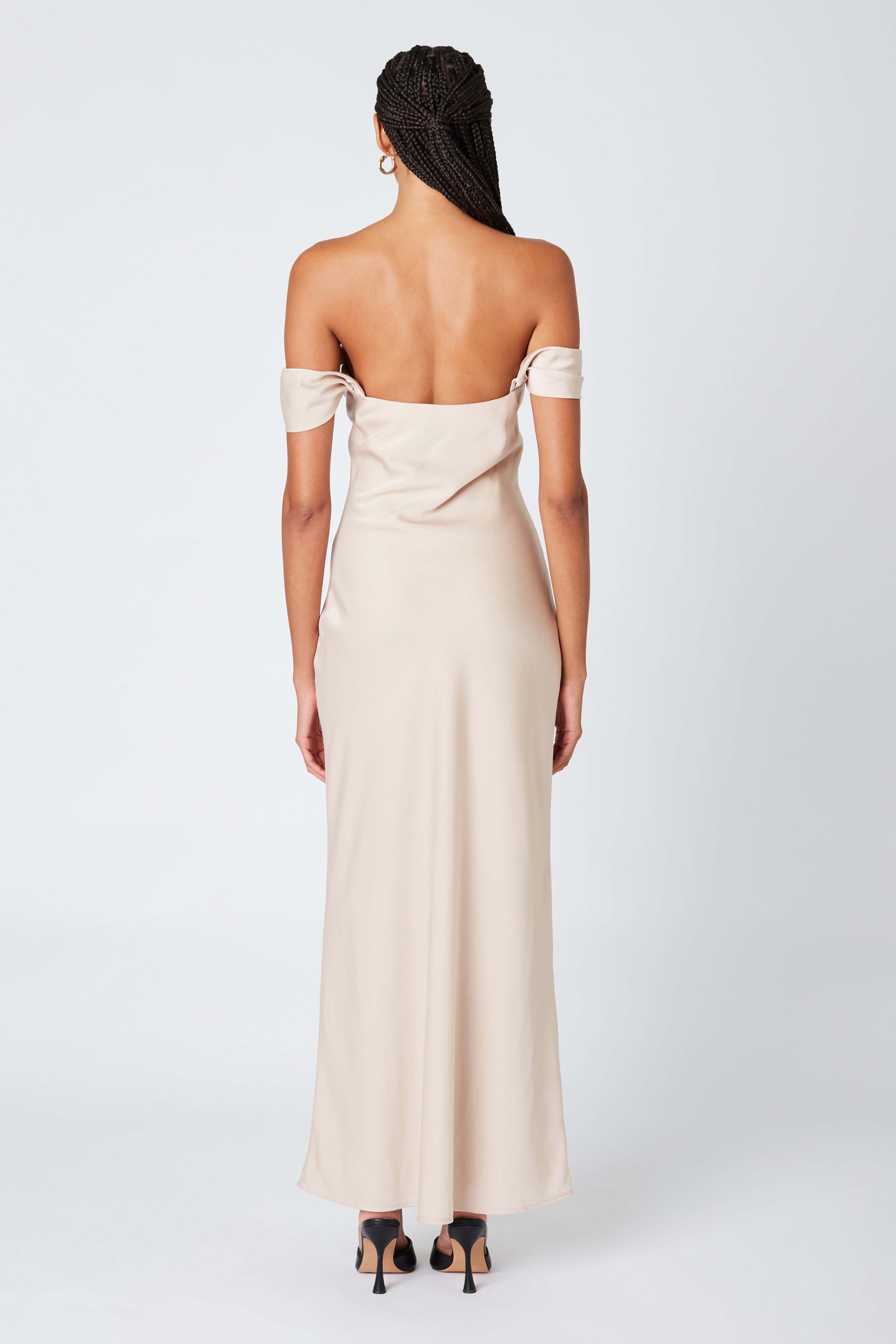 Satin Off the Shoulder Maxi Dress in Buff Back View