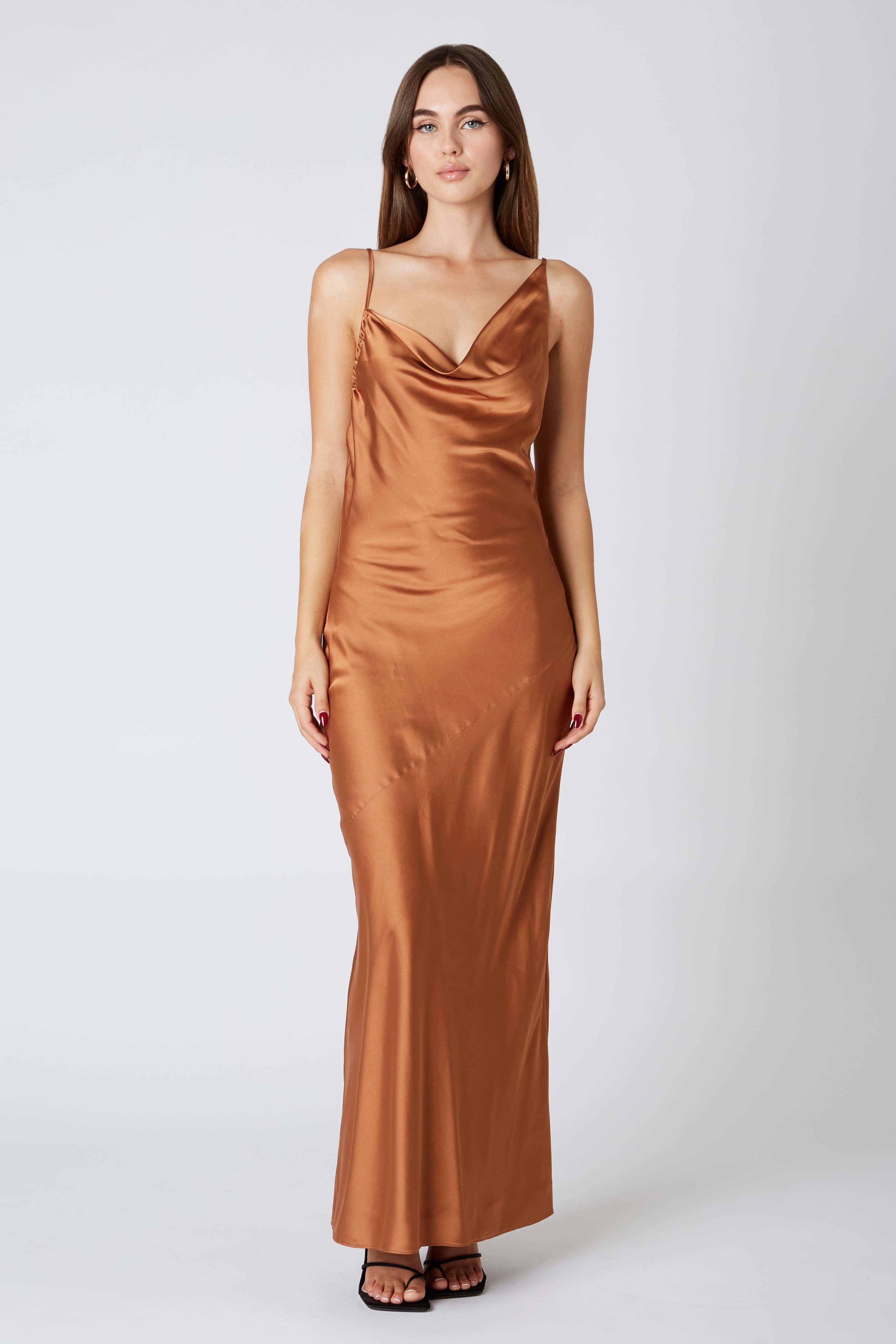 Cowlback Satin Maxi Dress in Nutmeg Front View