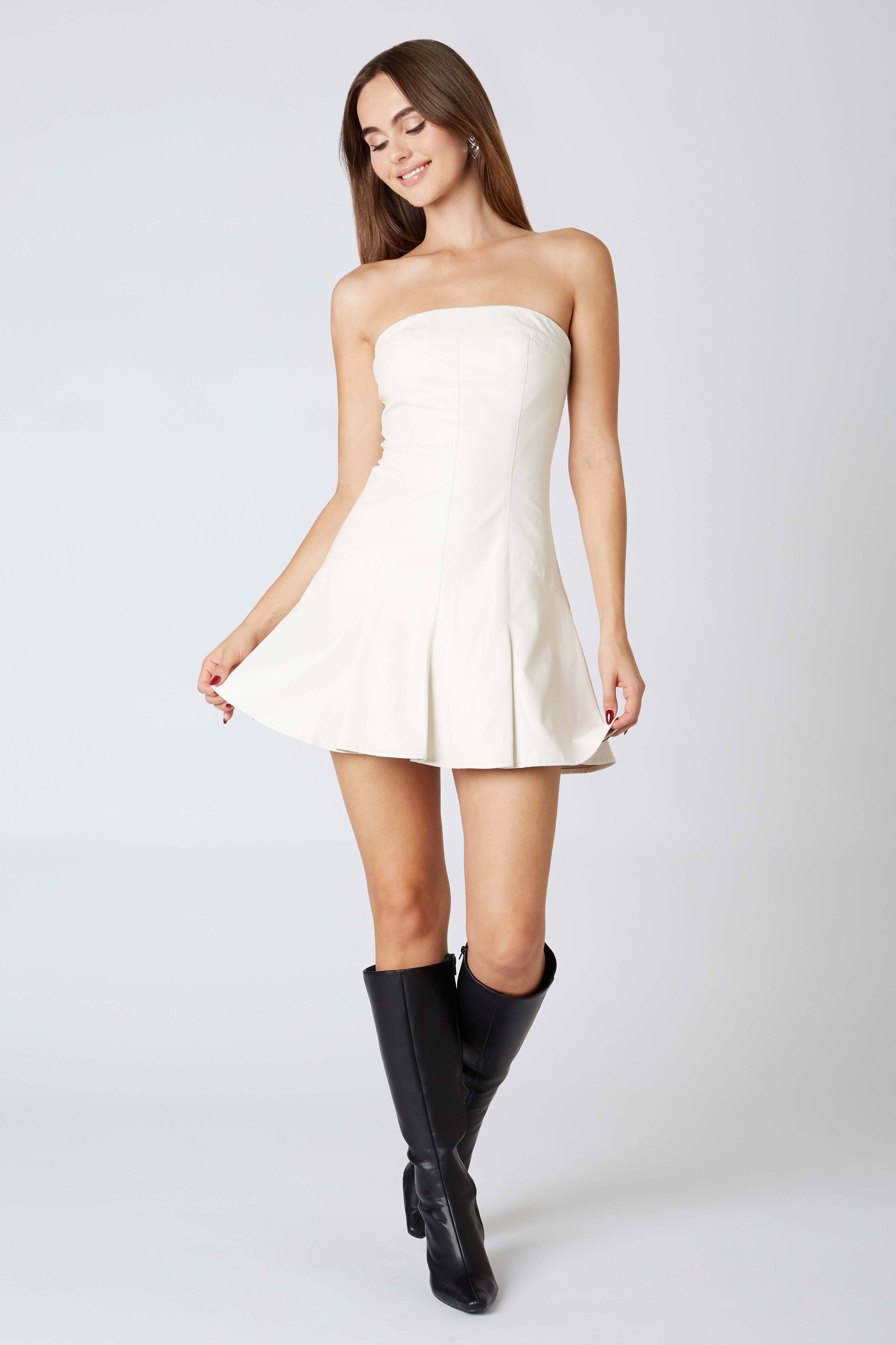 Strapless Faux Leather Mini Dress in Ivory Front View