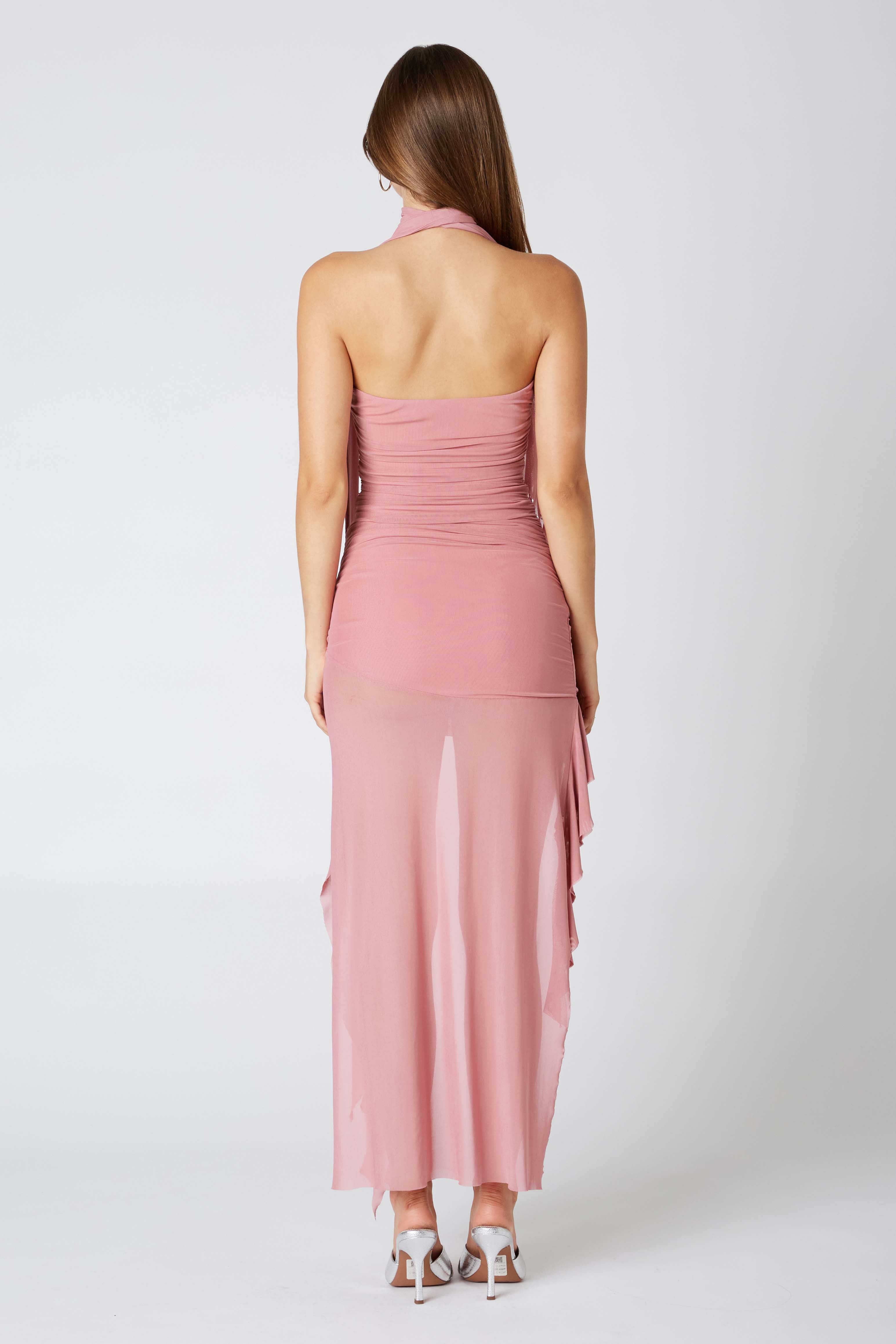 Rosette Frill Mini Dress in Mauve Back View