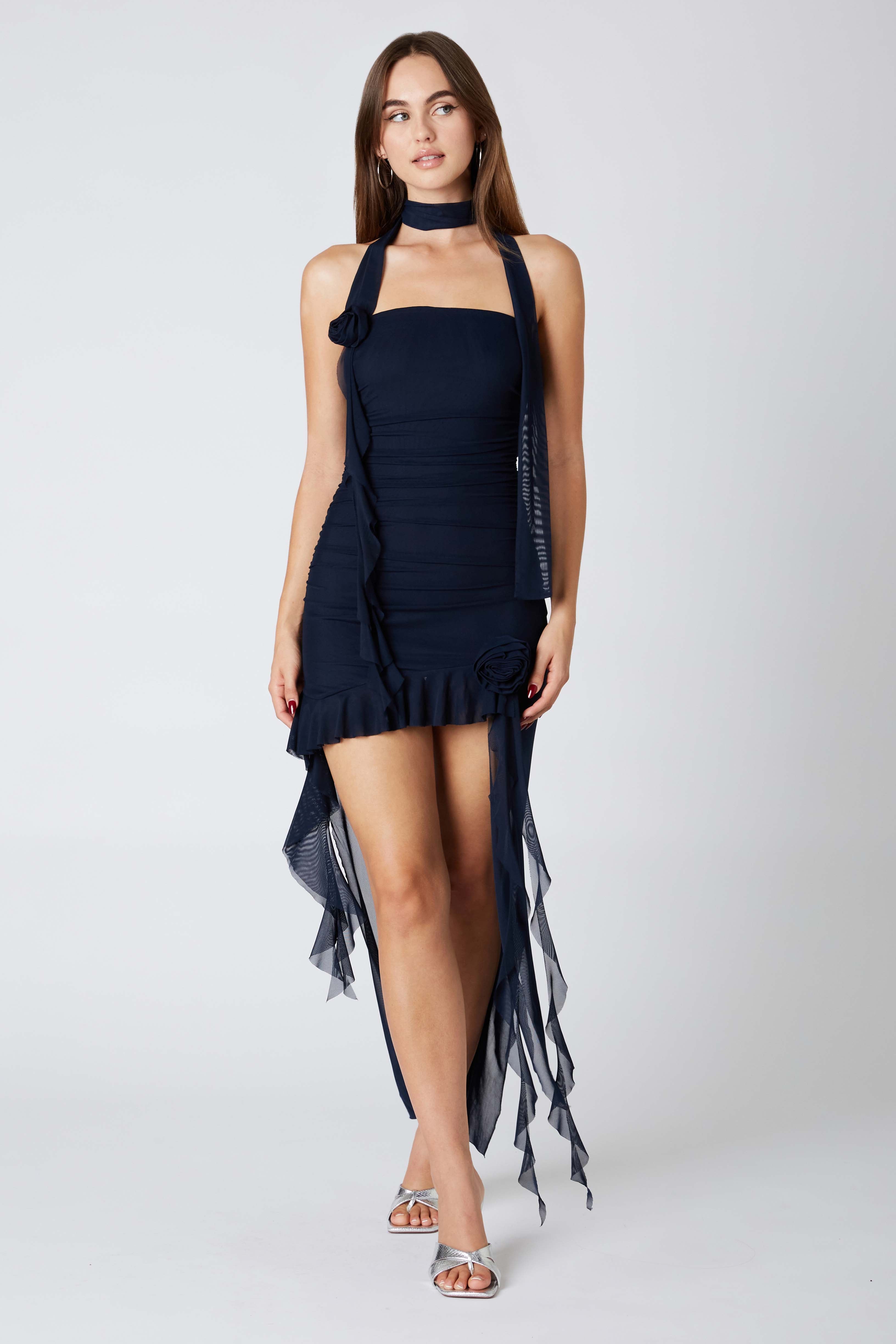 Rosette Frill Mini Dress in Midnight Front View