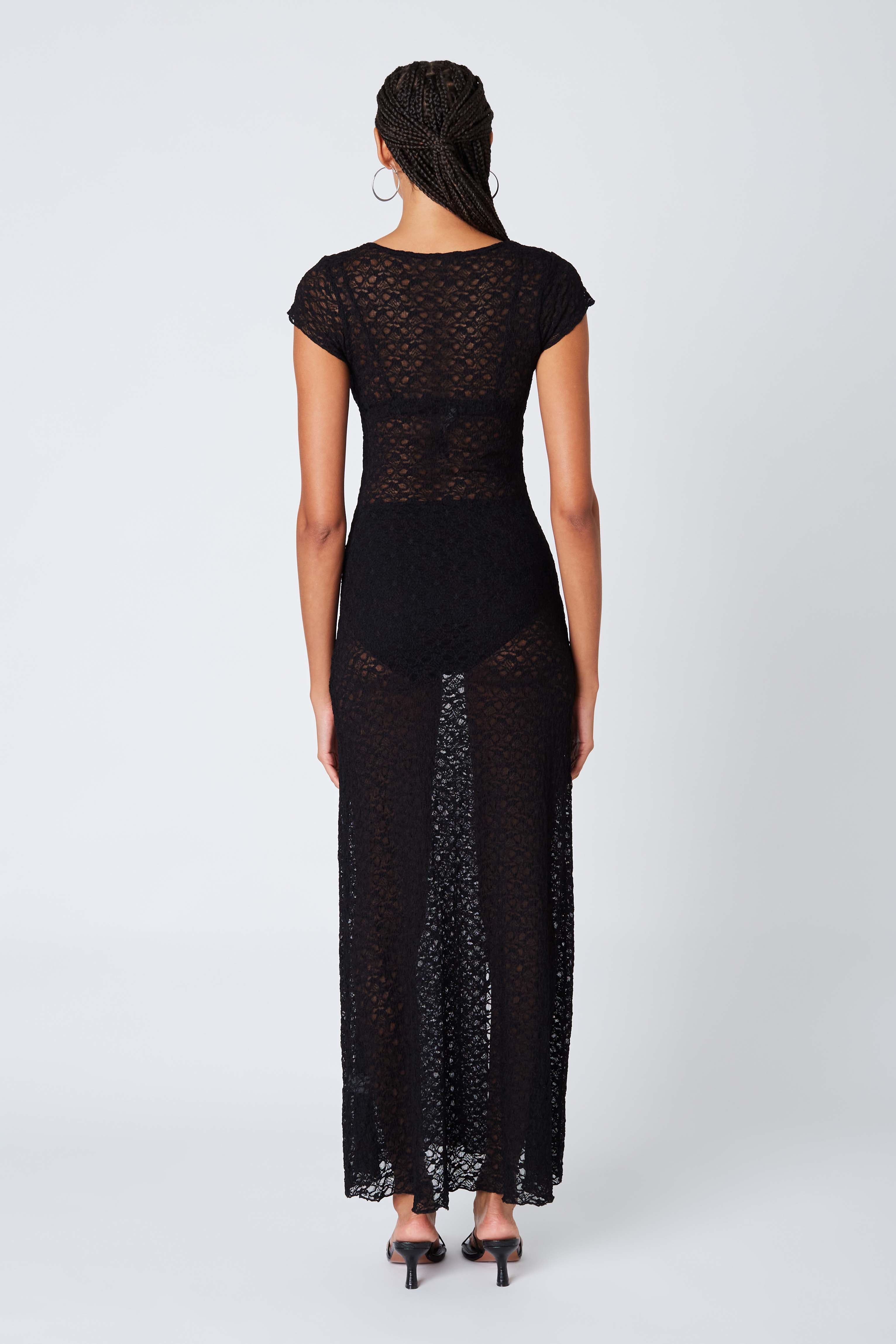 Short Sleeve Lace Maxi Dress in Black Back View