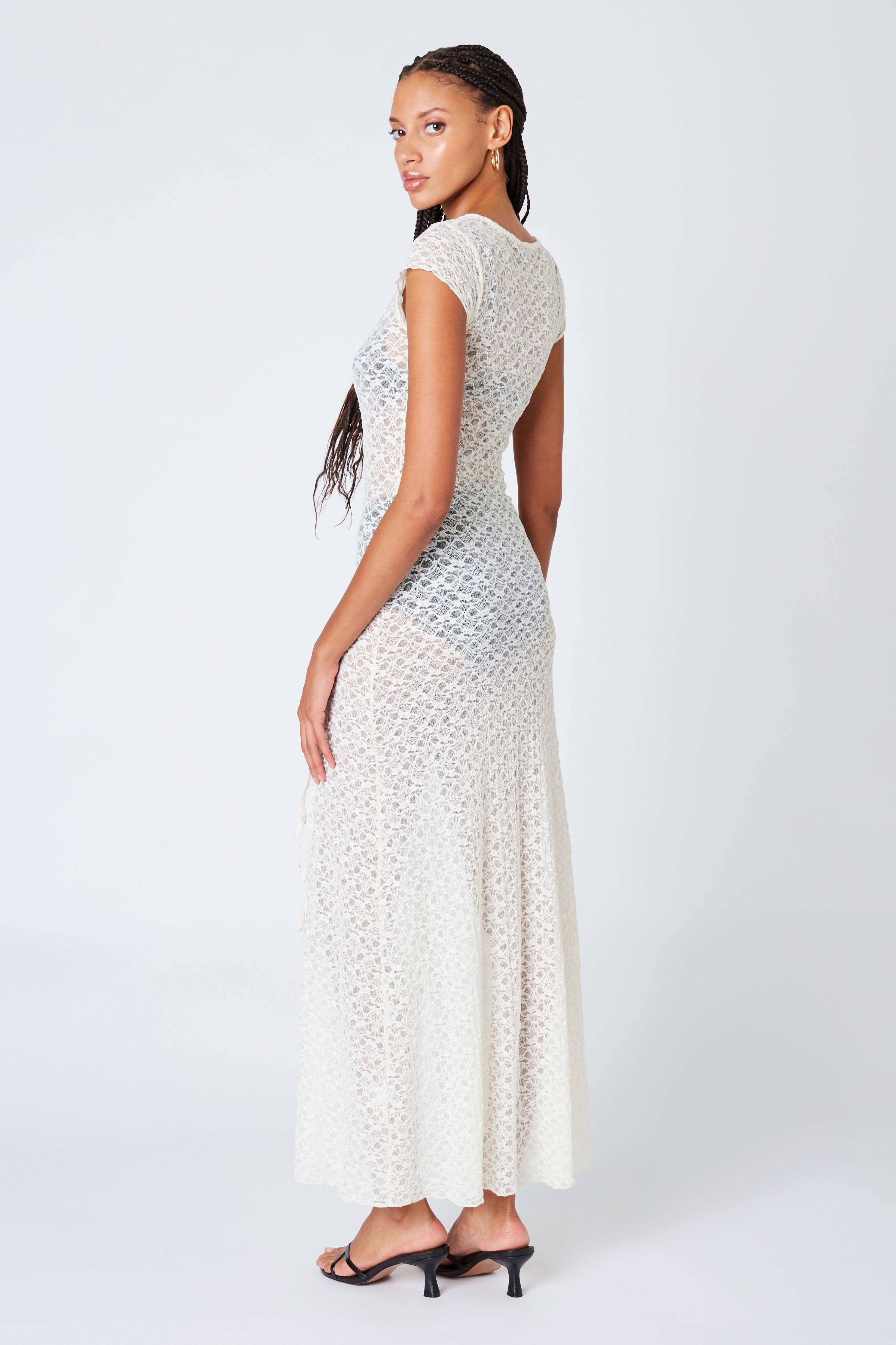 Short Sleeve Lace Maxi Dress in Ivory Back View