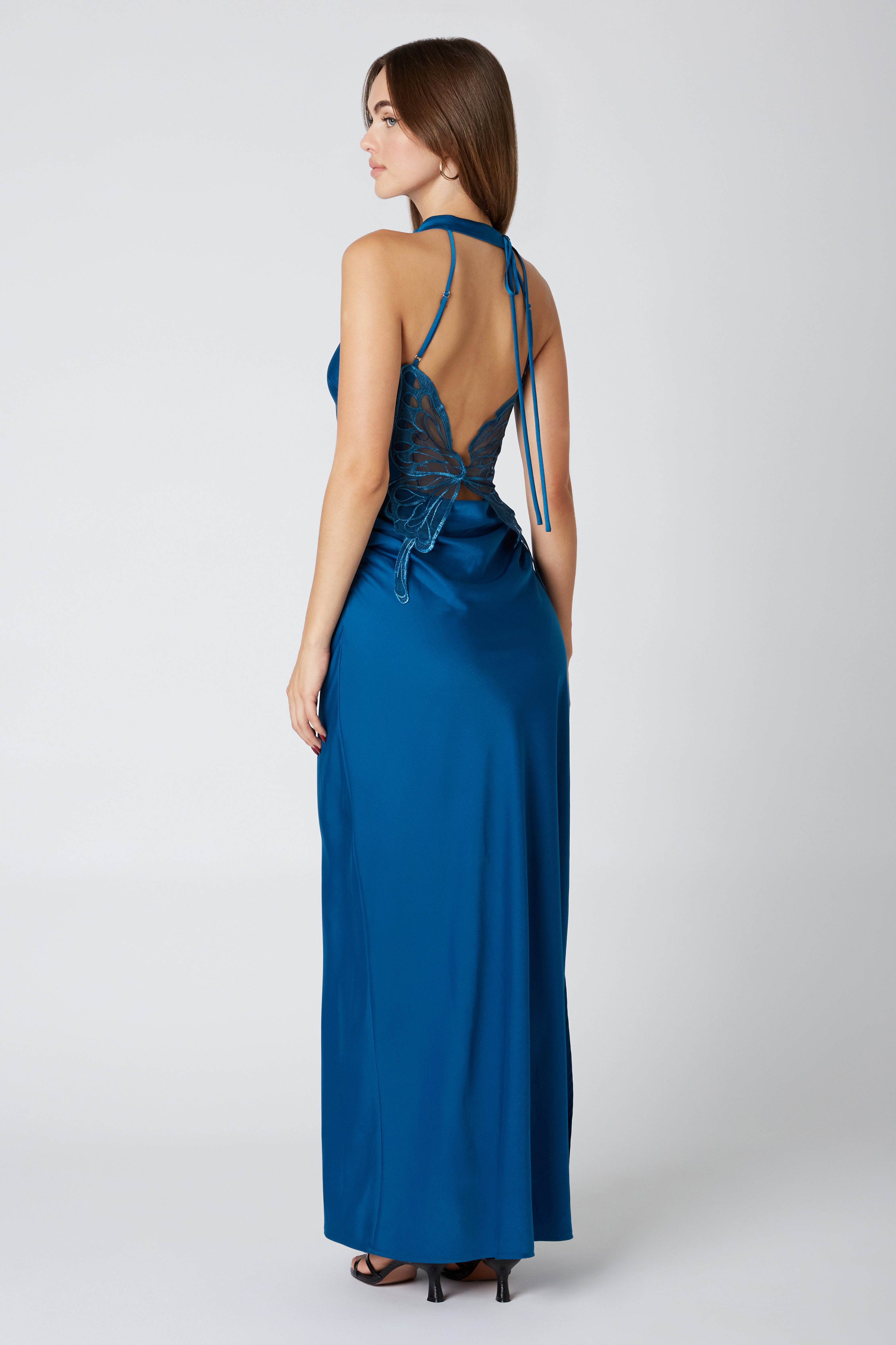 Runway Butterfly Maxi Dress in Teal Blue Back View