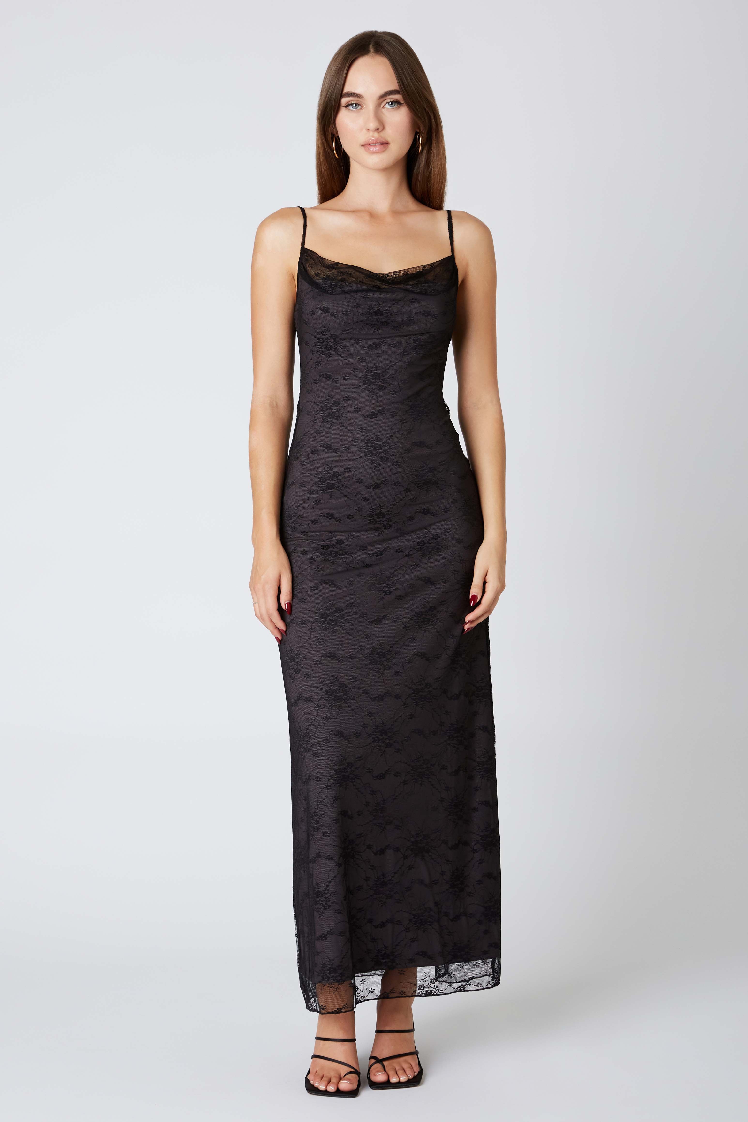 Lace Maxi Dress in Black Front View