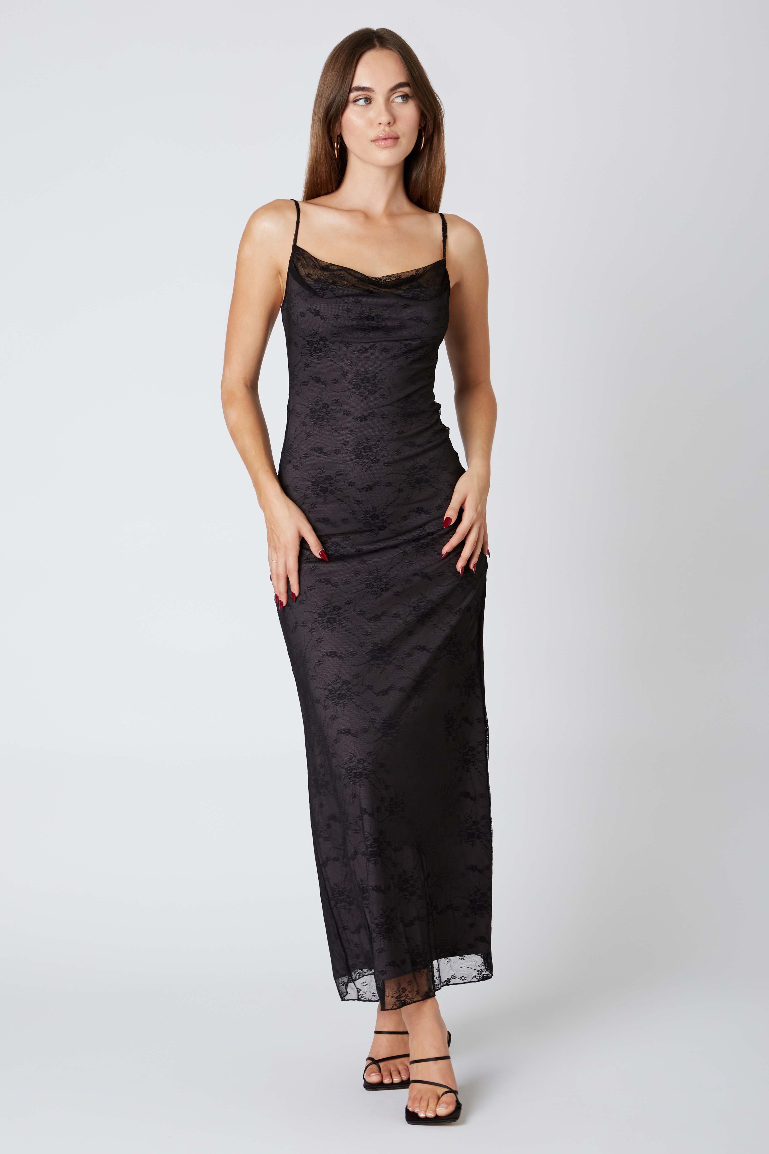 Lace Maxi Dress in Black Front View