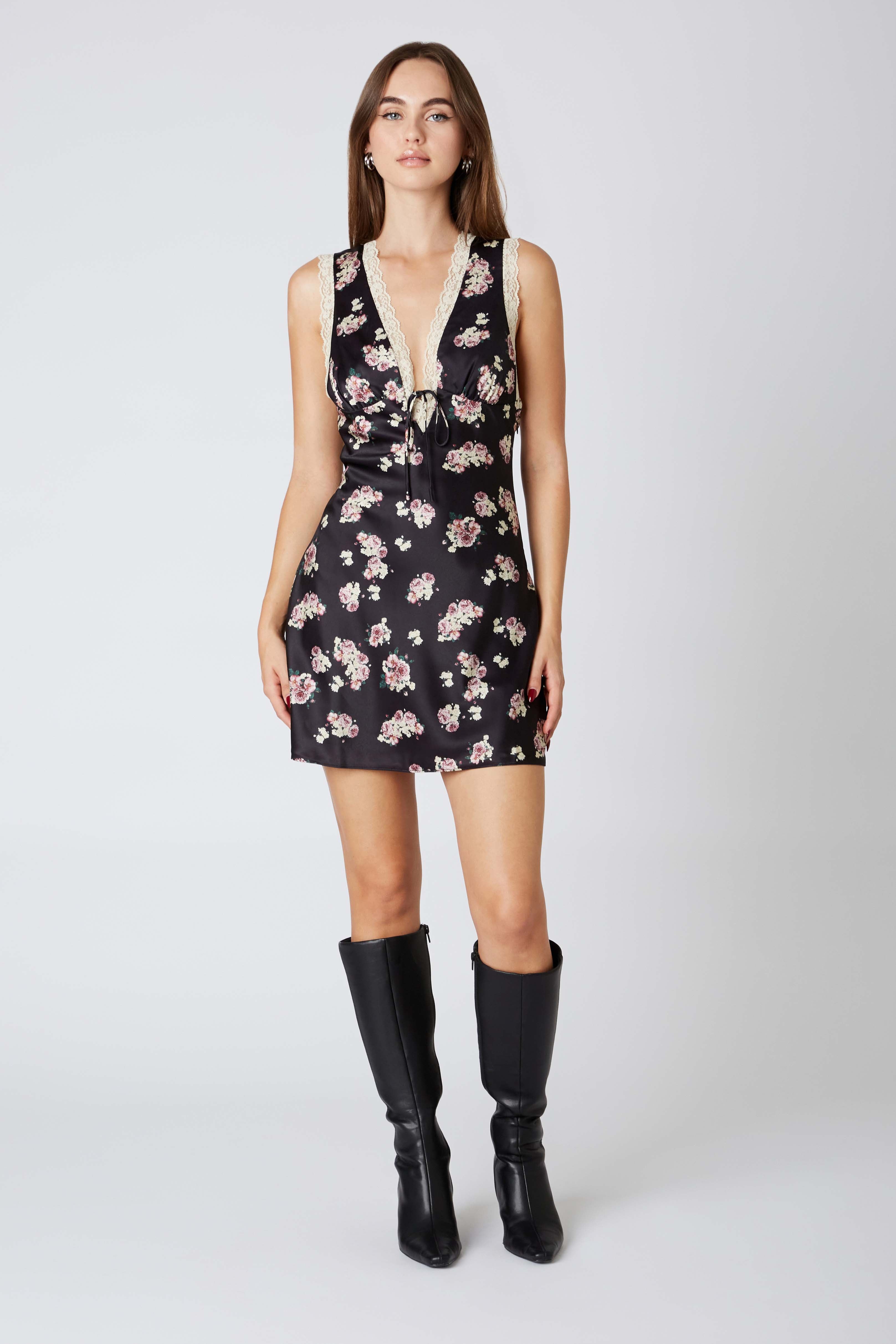 Floral Mini Dress in Black Front View