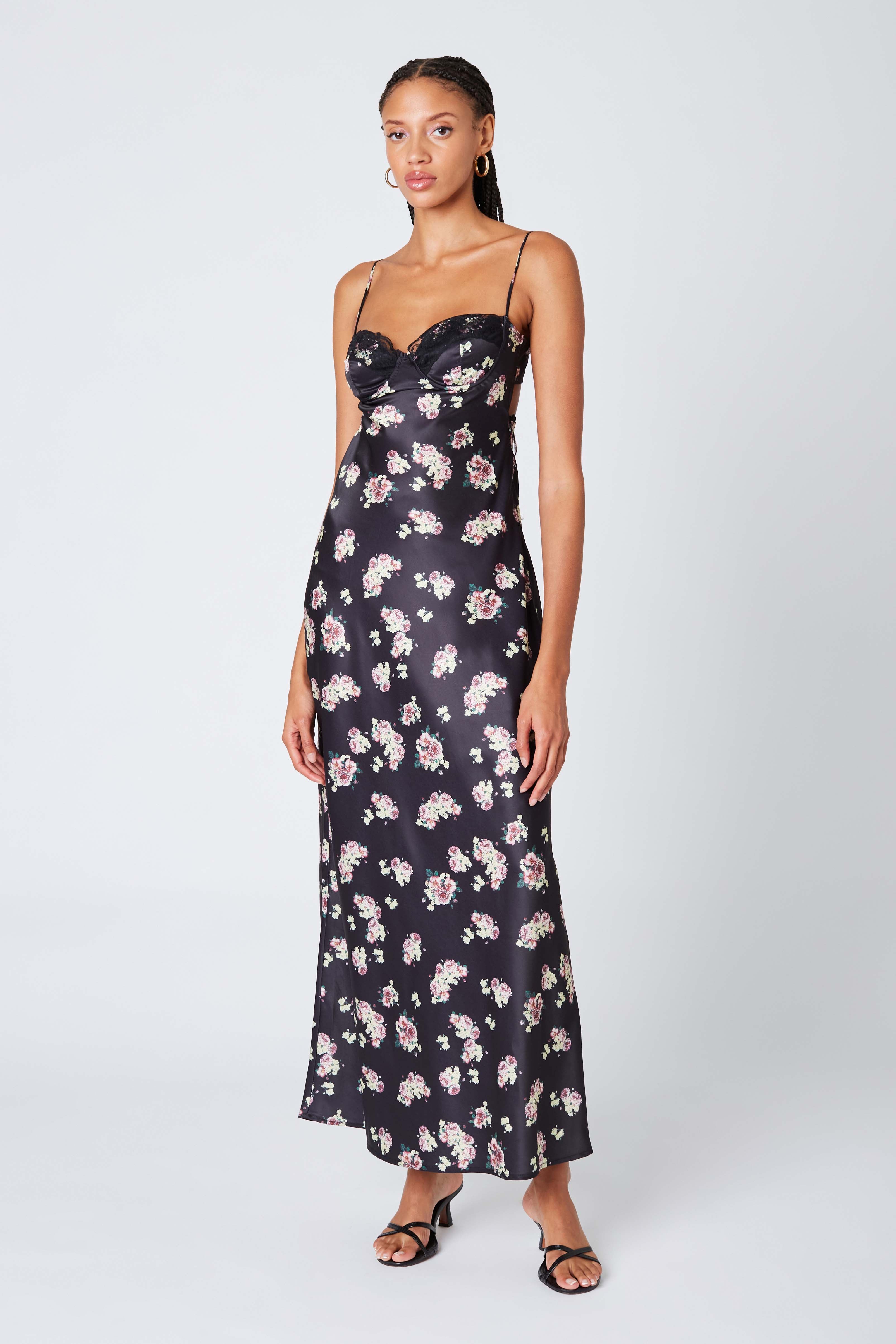 Corset Floral Maxi Dress in Black Front View 